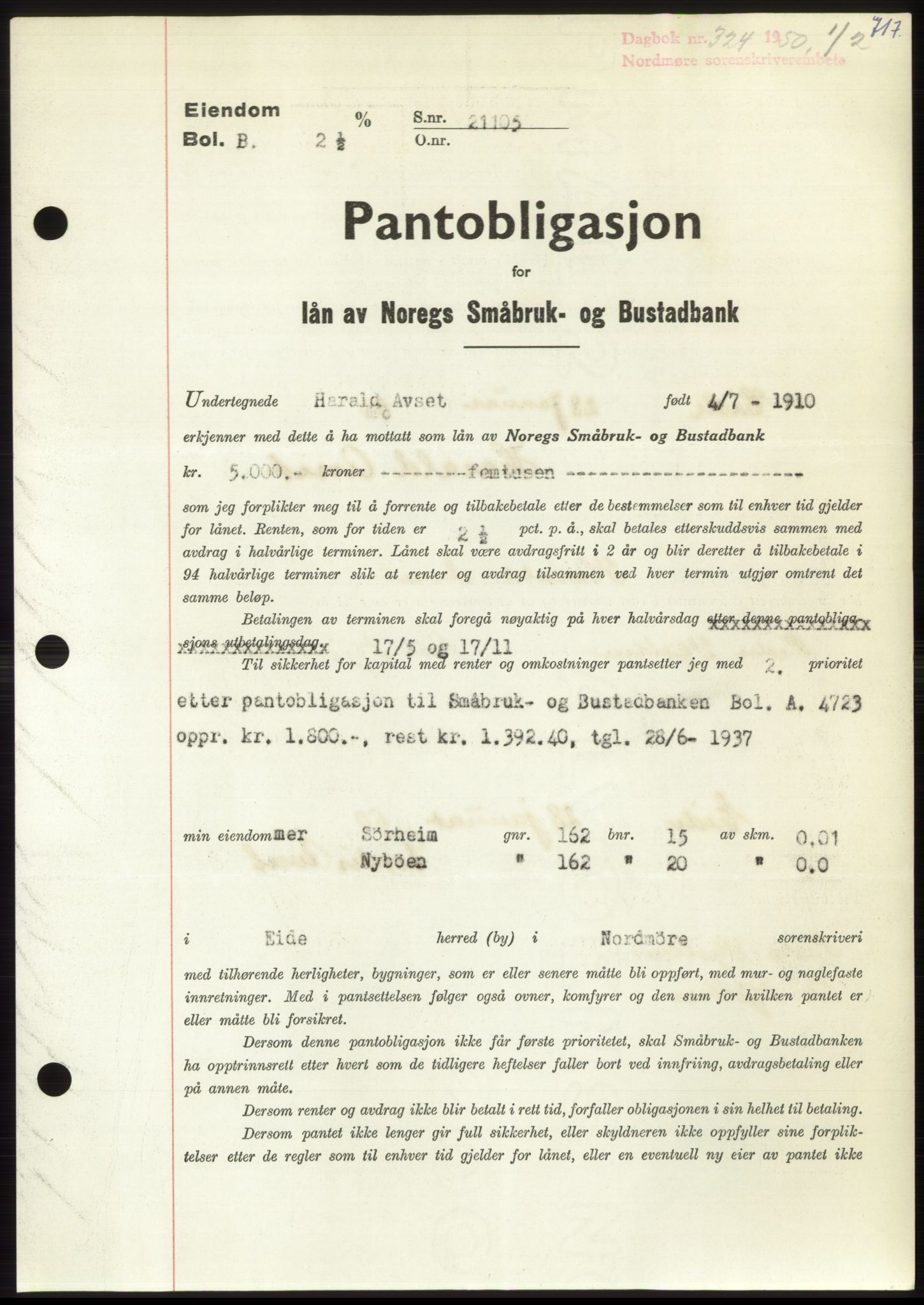 Nordmøre sorenskriveri, AV/SAT-A-4132/1/2/2Ca: Mortgage book no. B103, 1949-1950, Diary no: : 324/1950