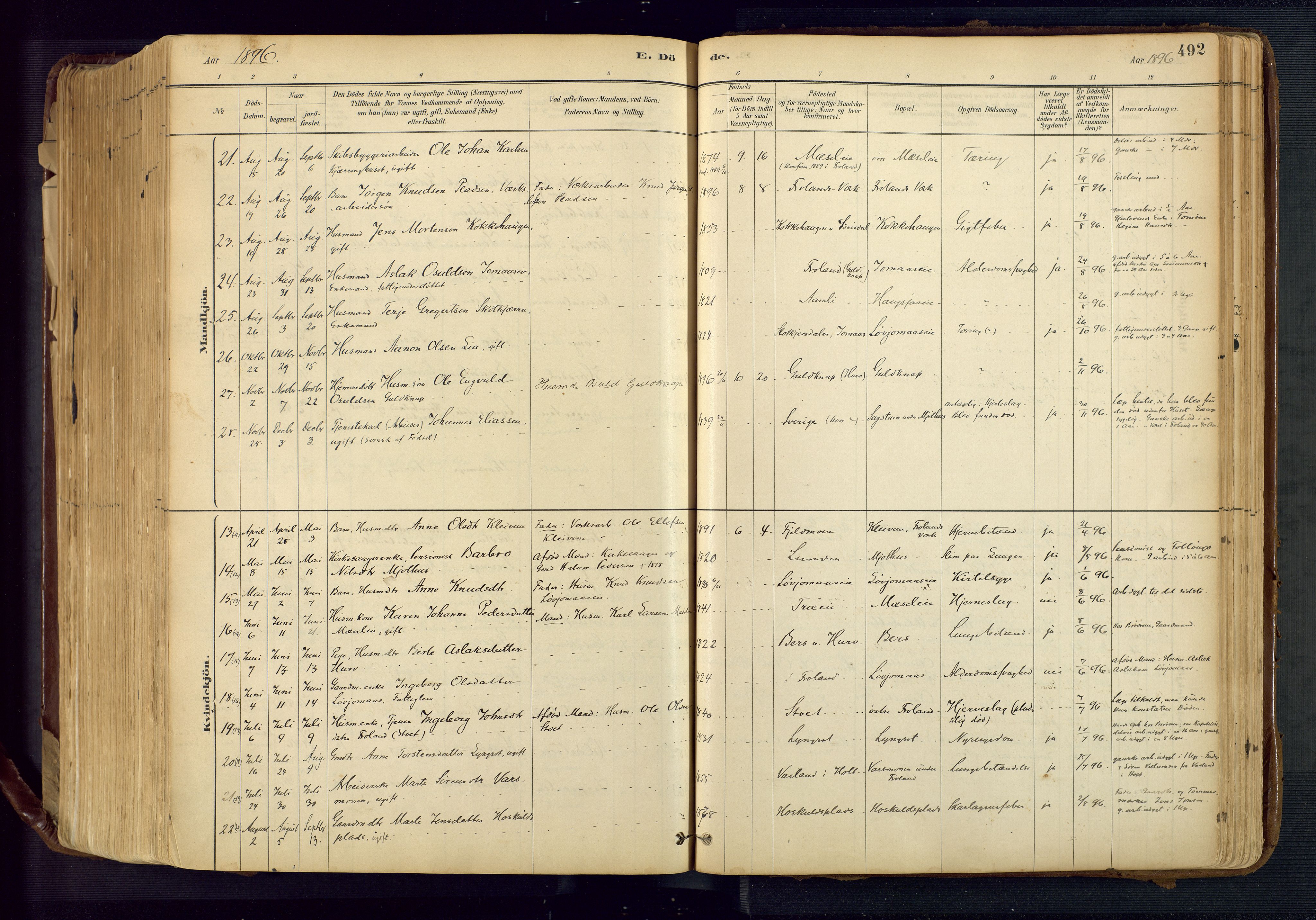 Froland sokneprestkontor, SAK/1111-0013/F/Fa/L0005: Parish register (official) no. A 5, 1882-1921, p. 492