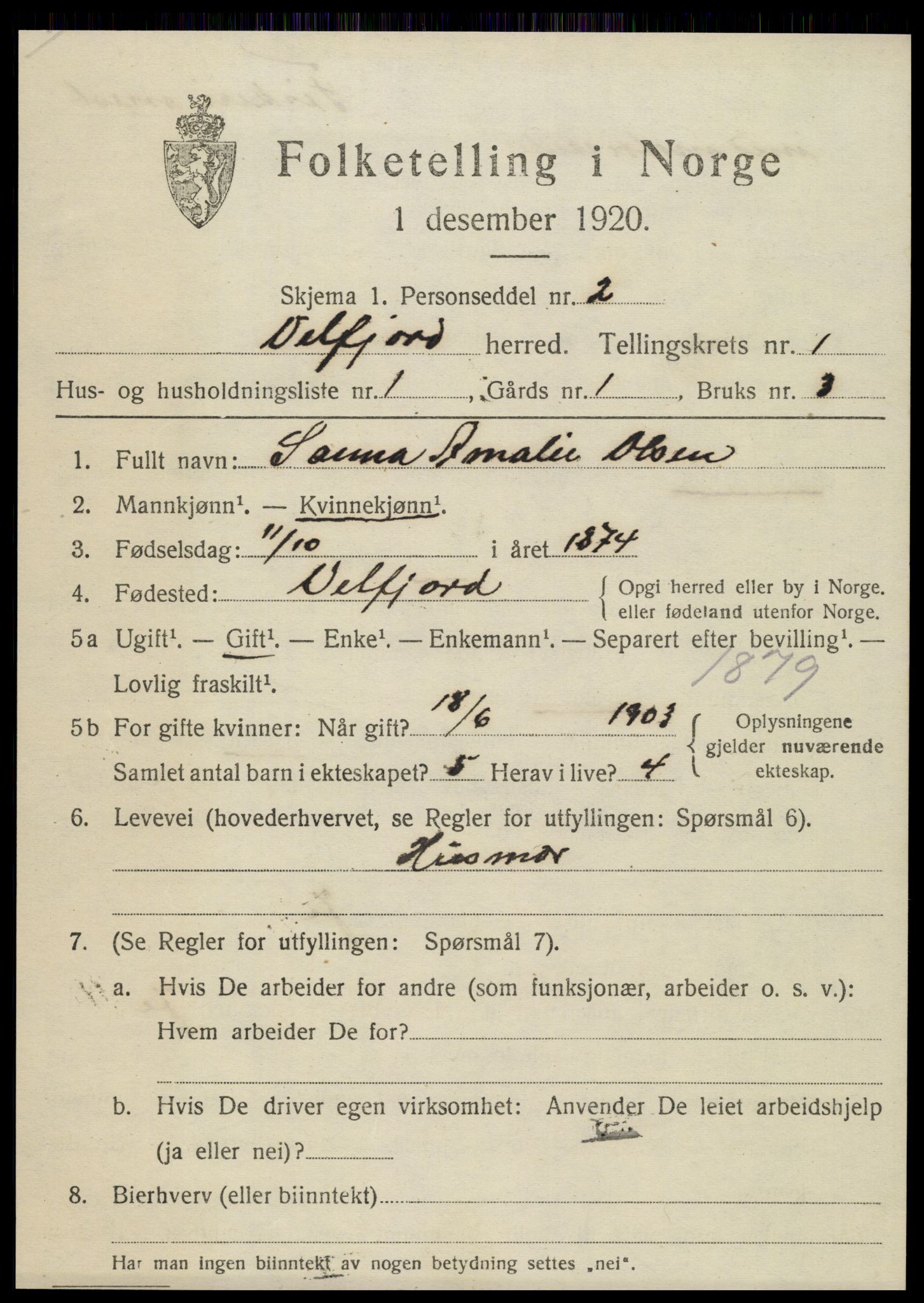 SAT, 1920 census for Velfjord, 1920, p. 585