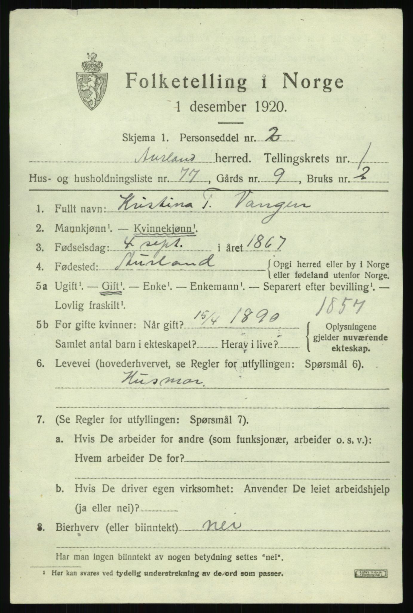 SAB, 1920 census for Aurland, 1920, p. 1816