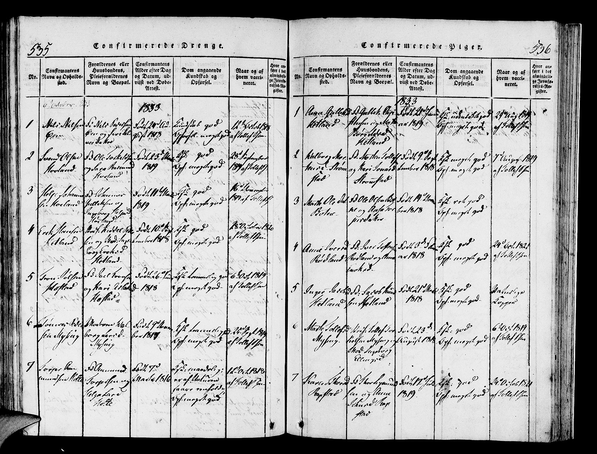 Helleland sokneprestkontor, AV/SAST-A-101810: Parish register (official) no. A 4, 1815-1834, p. 535-536