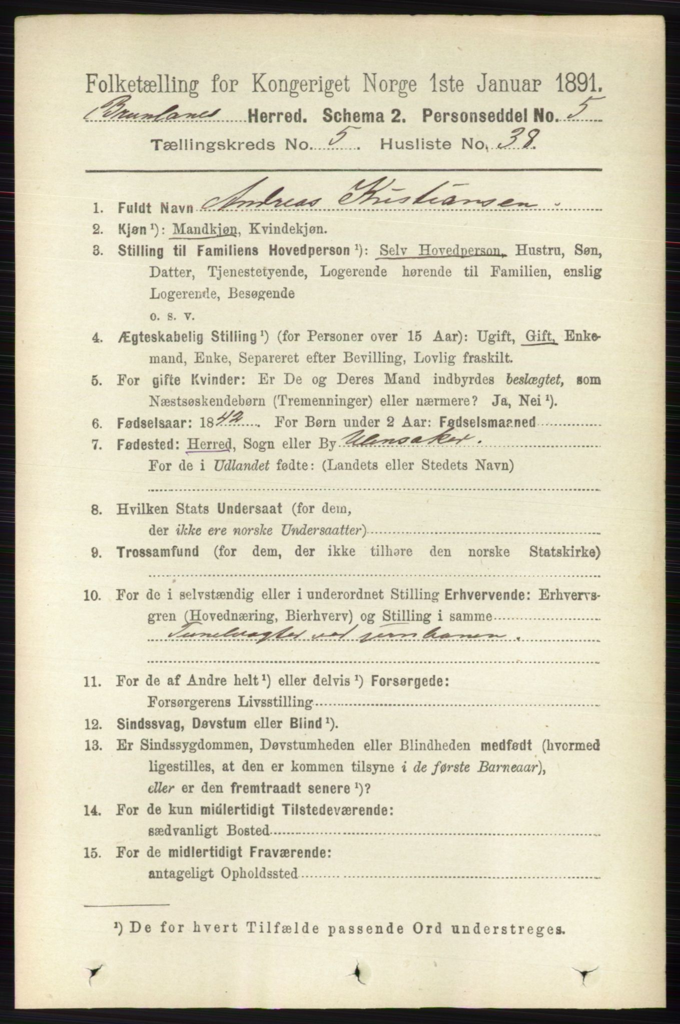 RA, 1891 census for 0726 Brunlanes, 1891, p. 2431