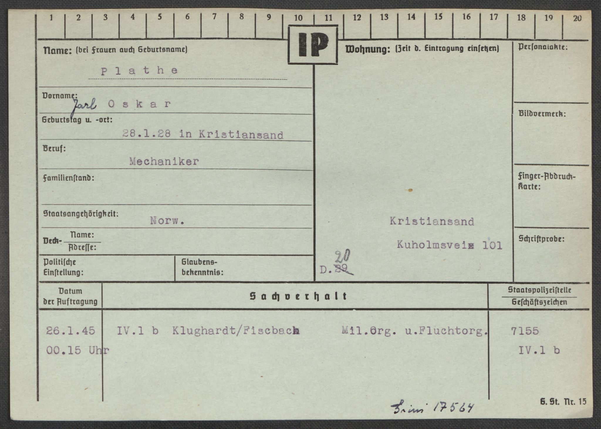 Befehlshaber der Sicherheitspolizei und des SD, RA/RAFA-5969/E/Ea/Eaa/L0008: Register over norske fanger i Møllergata 19: Oelze-Ru, 1940-1945, p. 906