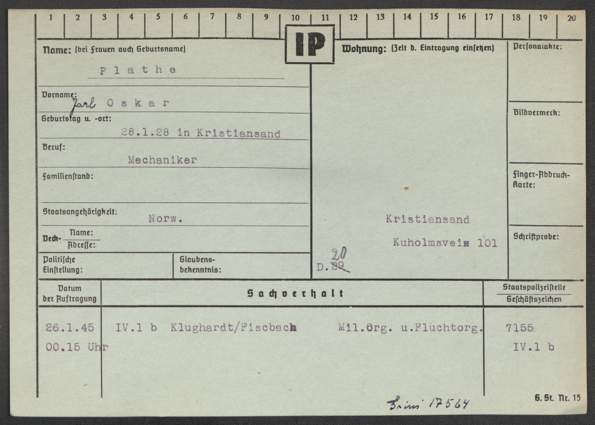 Befehlshaber der Sicherheitspolizei und des SD, AV/RA-RAFA-5969/E/Ea/Eaa/L0008: Register over norske fanger i Møllergata 19: Oelze-Ru, 1940-1945, p. 906