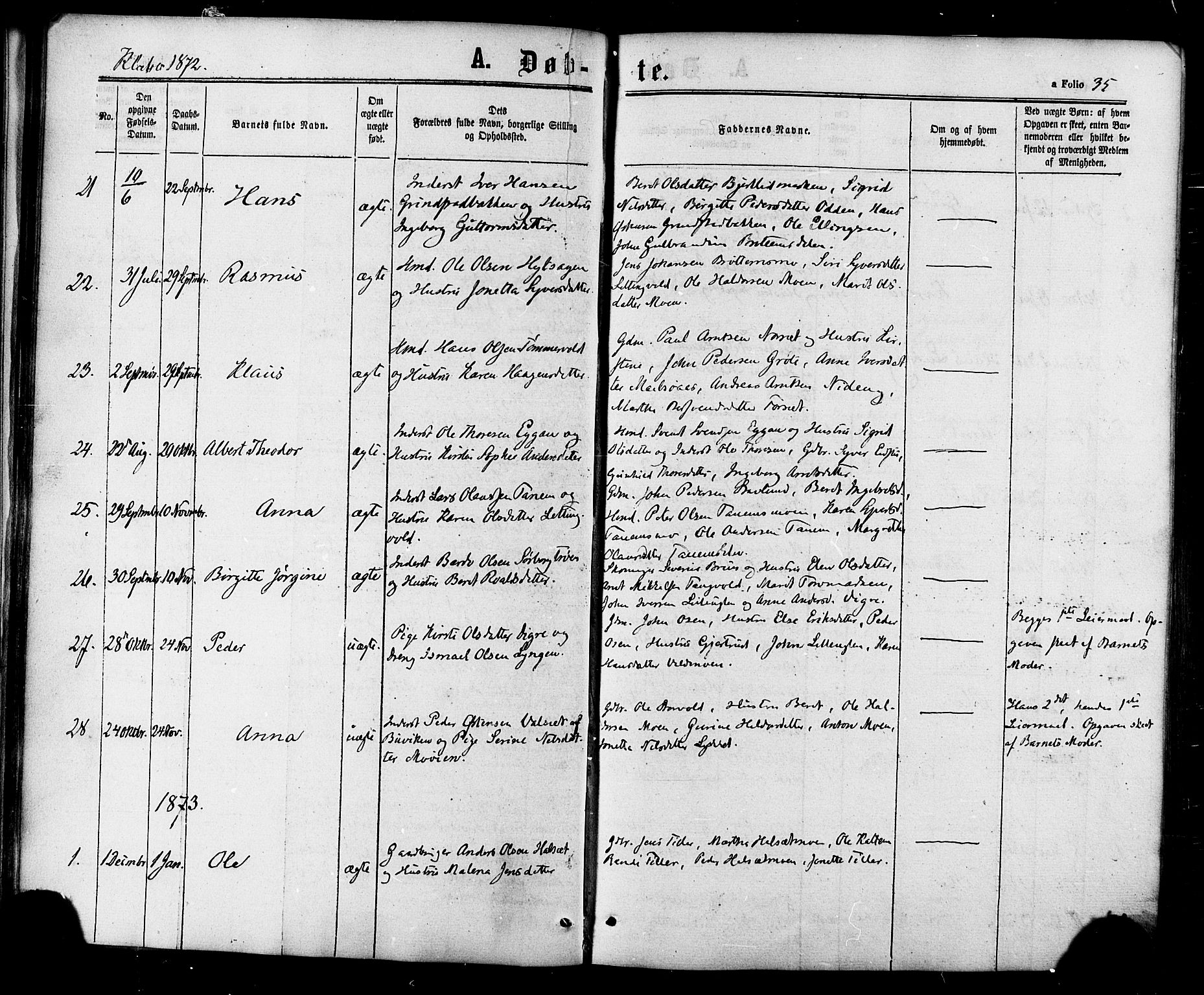 Ministerialprotokoller, klokkerbøker og fødselsregistre - Sør-Trøndelag, SAT/A-1456/618/L0442: Parish register (official) no. 618A06 /1, 1863-1879, p. 35