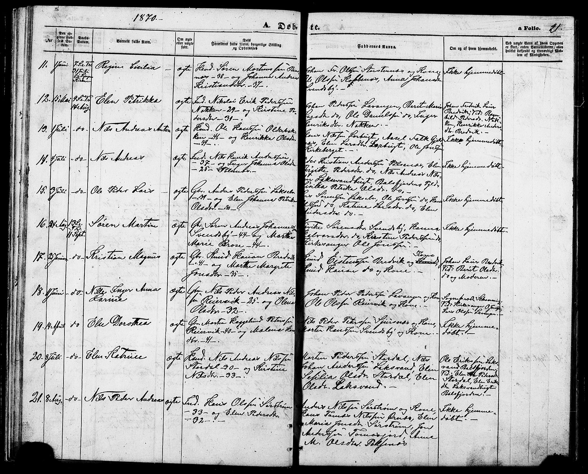 Lyngen sokneprestembete, AV/SATØ-S-1289/H/He/Heb/L0006klokker: Parish register (copy) no. 6, 1864-1881, p. 21