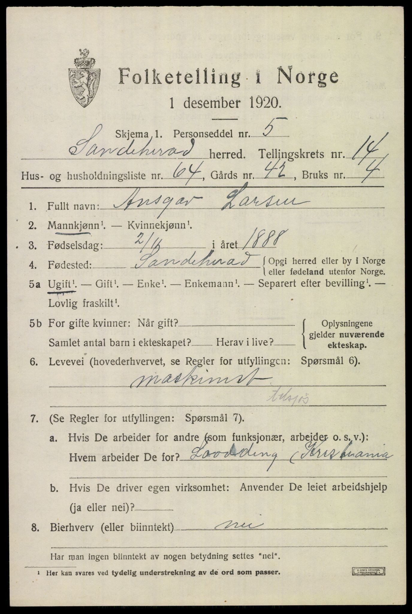 SAKO, 1920 census for Sandeherred, 1920, p. 21144