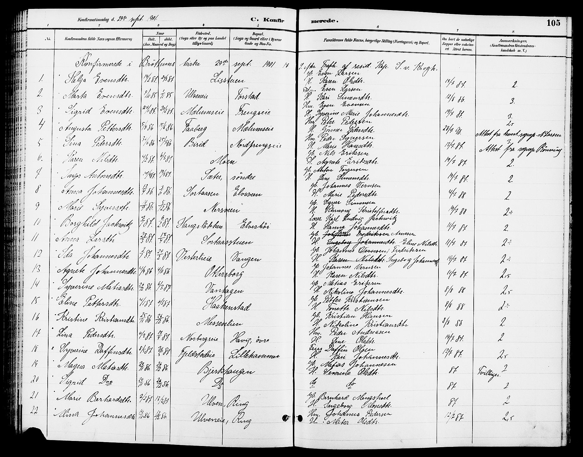 Ringsaker prestekontor, SAH/PREST-014/L/La/L0013: Parish register (copy) no. 13, 1891-1904, p. 105