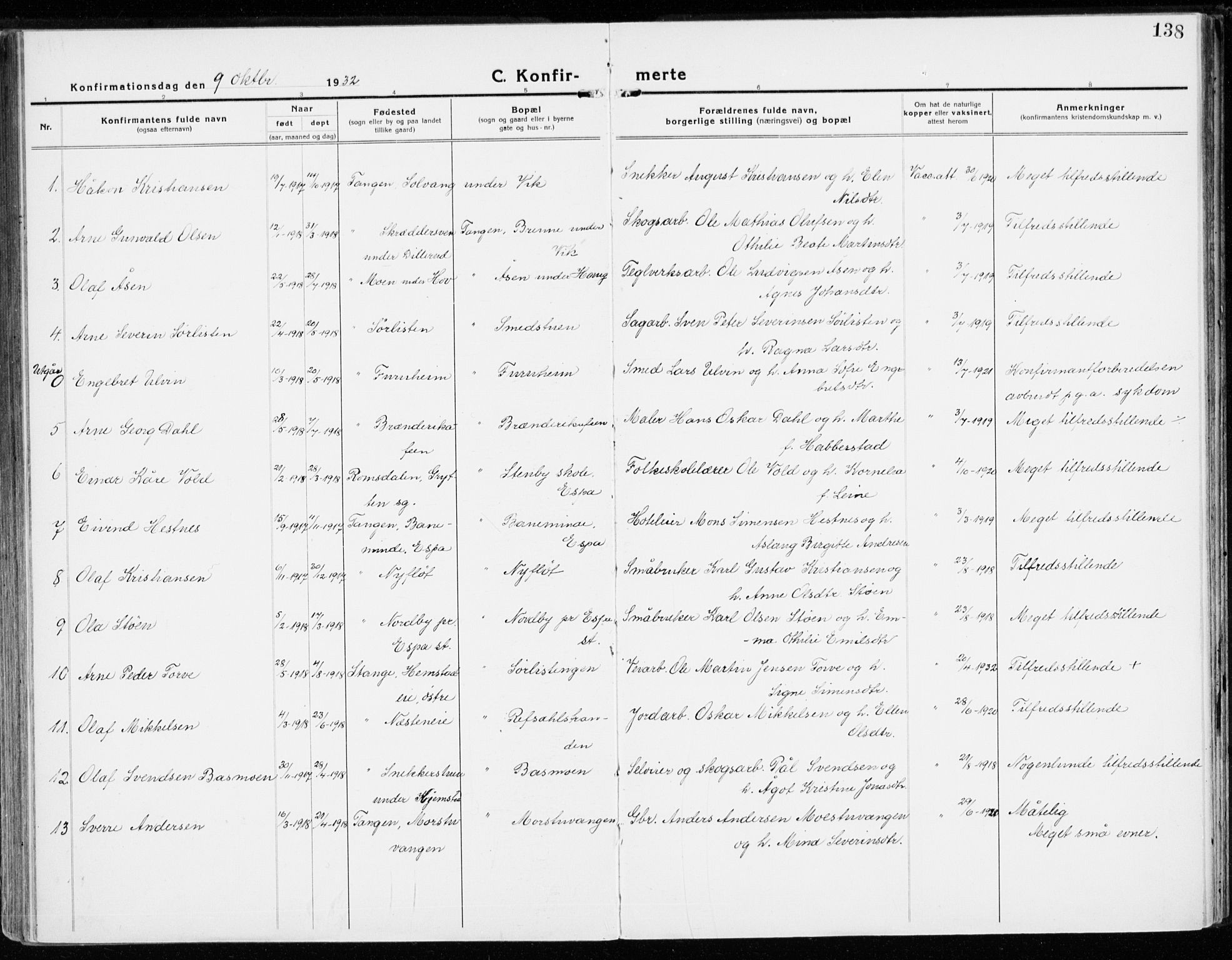 Stange prestekontor, AV/SAH-PREST-002/K/L0025: Parish register (official) no. 25, 1921-1945, p. 138