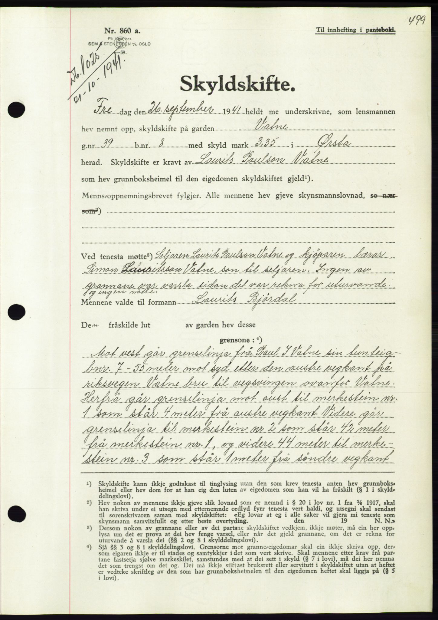 Søre Sunnmøre sorenskriveri, AV/SAT-A-4122/1/2/2C/L0071: Mortgage book no. 65, 1941-1941, Diary no: : 1025/1941