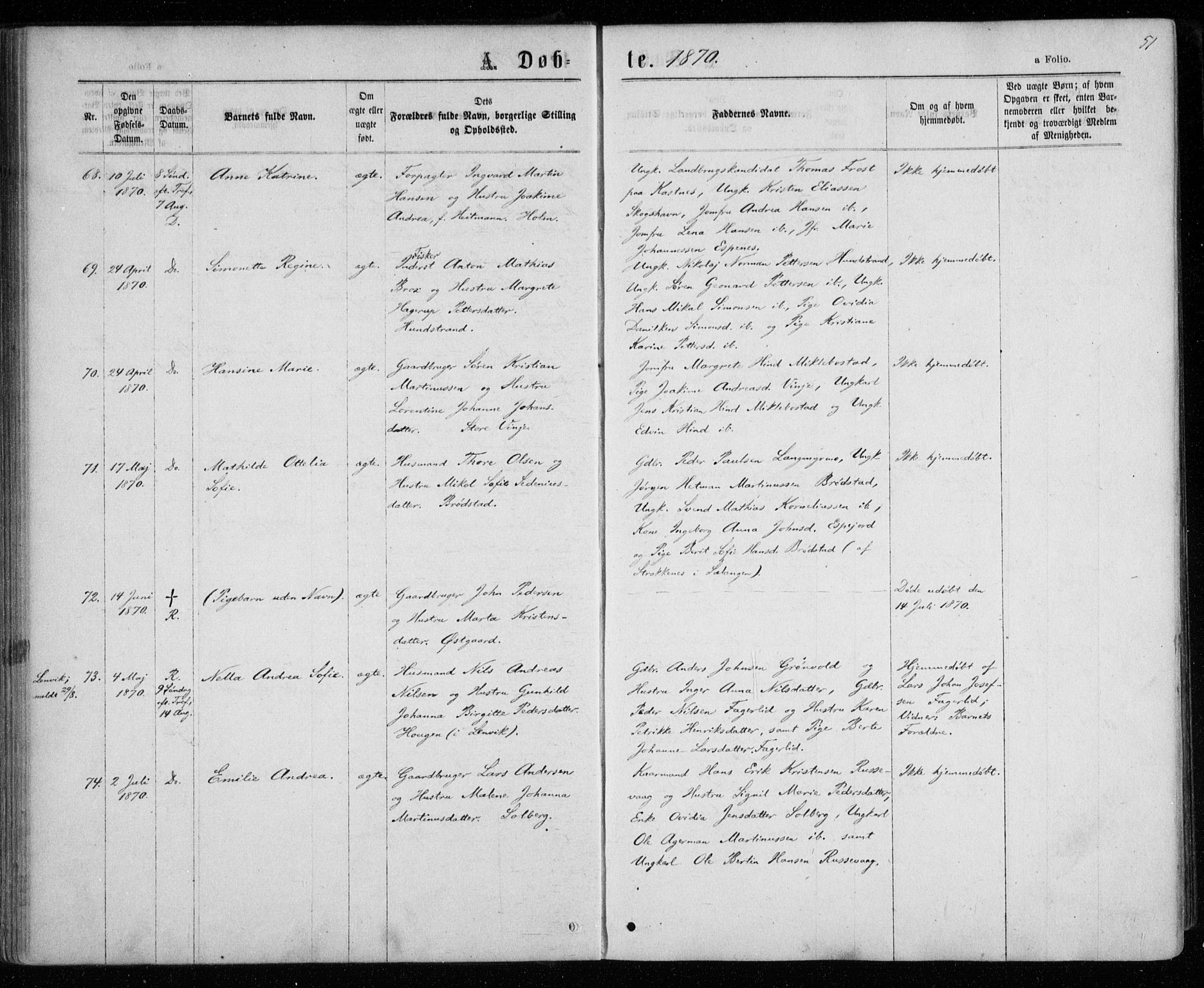 Tranøy sokneprestkontor, AV/SATØ-S-1313/I/Ia/Iaa/L0008kirke: Parish register (official) no. 8, 1867-1877, p. 51