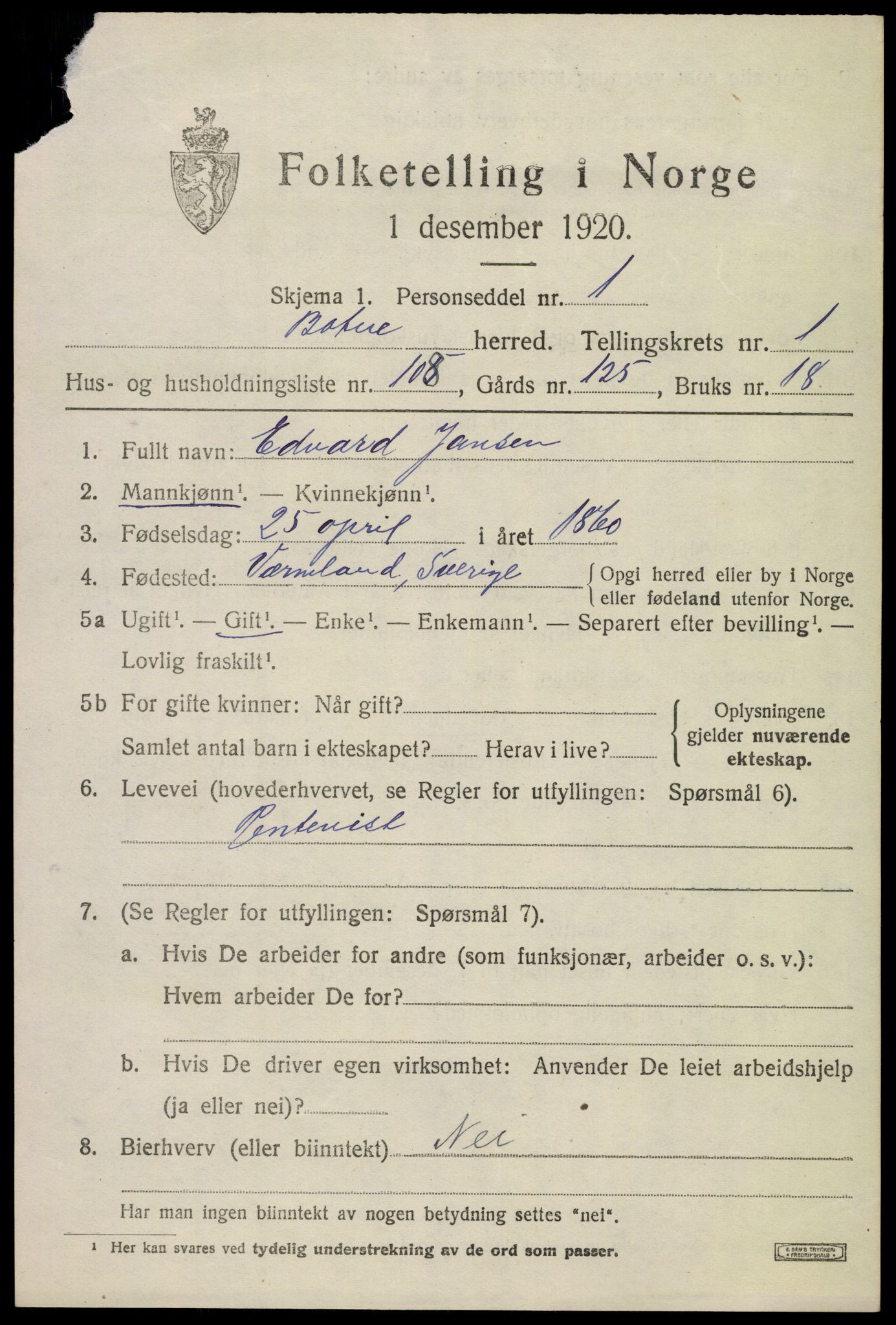 SAKO, 1920 census for Botne, 1920, p. 2117