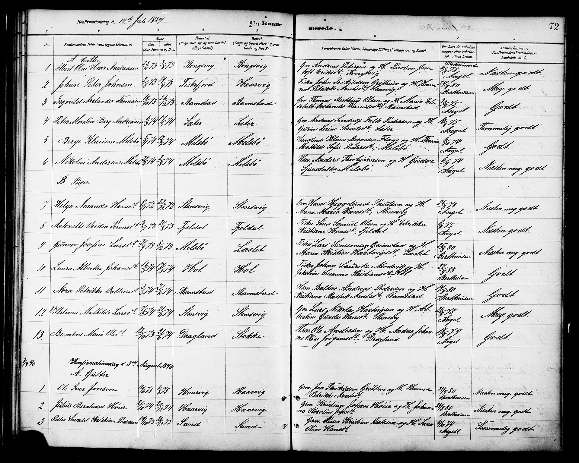 Ministerialprotokoller, klokkerbøker og fødselsregistre - Nordland, SAT/A-1459/865/L0924: Parish register (official) no. 865A02, 1885-1896, p. 72