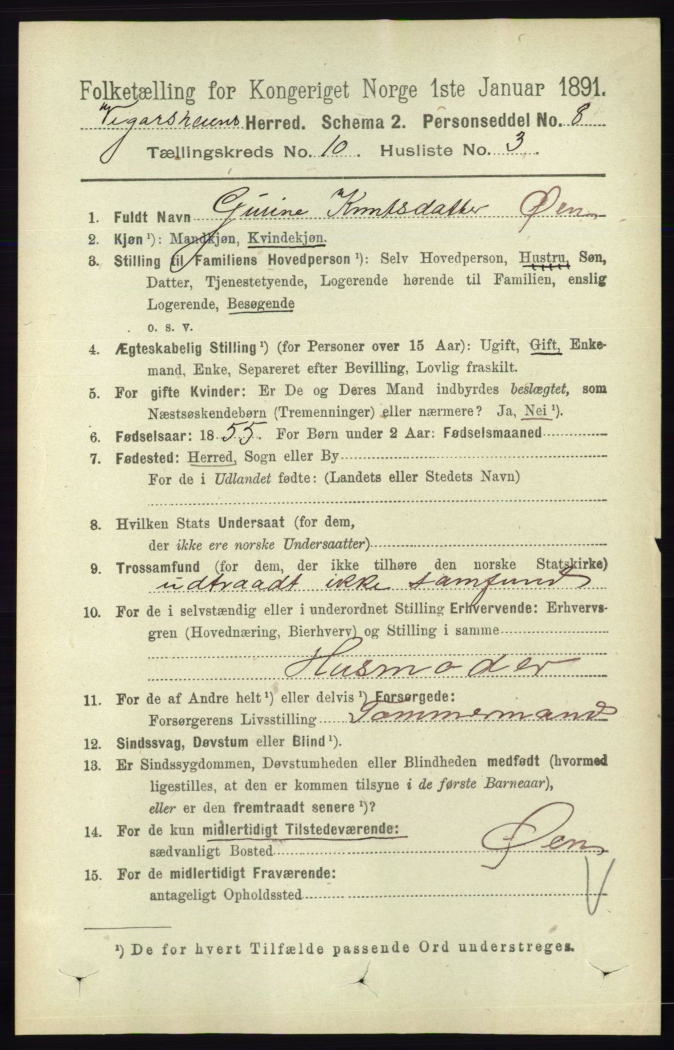 RA, 1891 census for 0912 Vegårshei, 1891, p. 1951