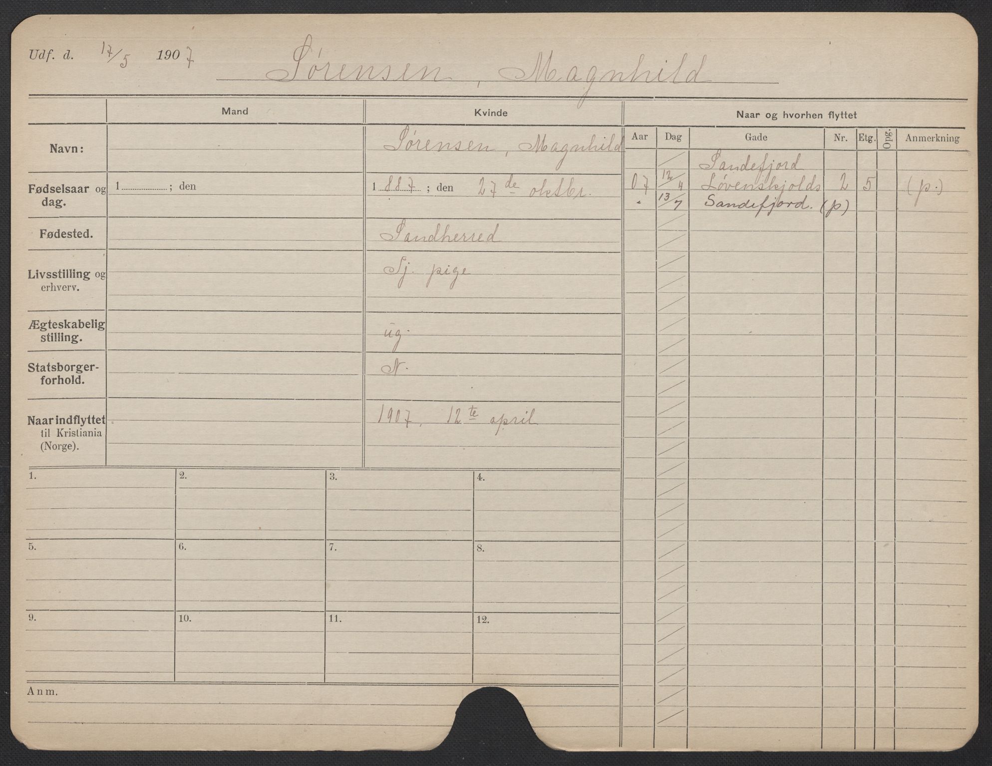 Oslo folkeregister, Registerkort, SAO/A-11715/F/Fa/Fac/L0024: Kvinner, 1906-1914, p. 906a