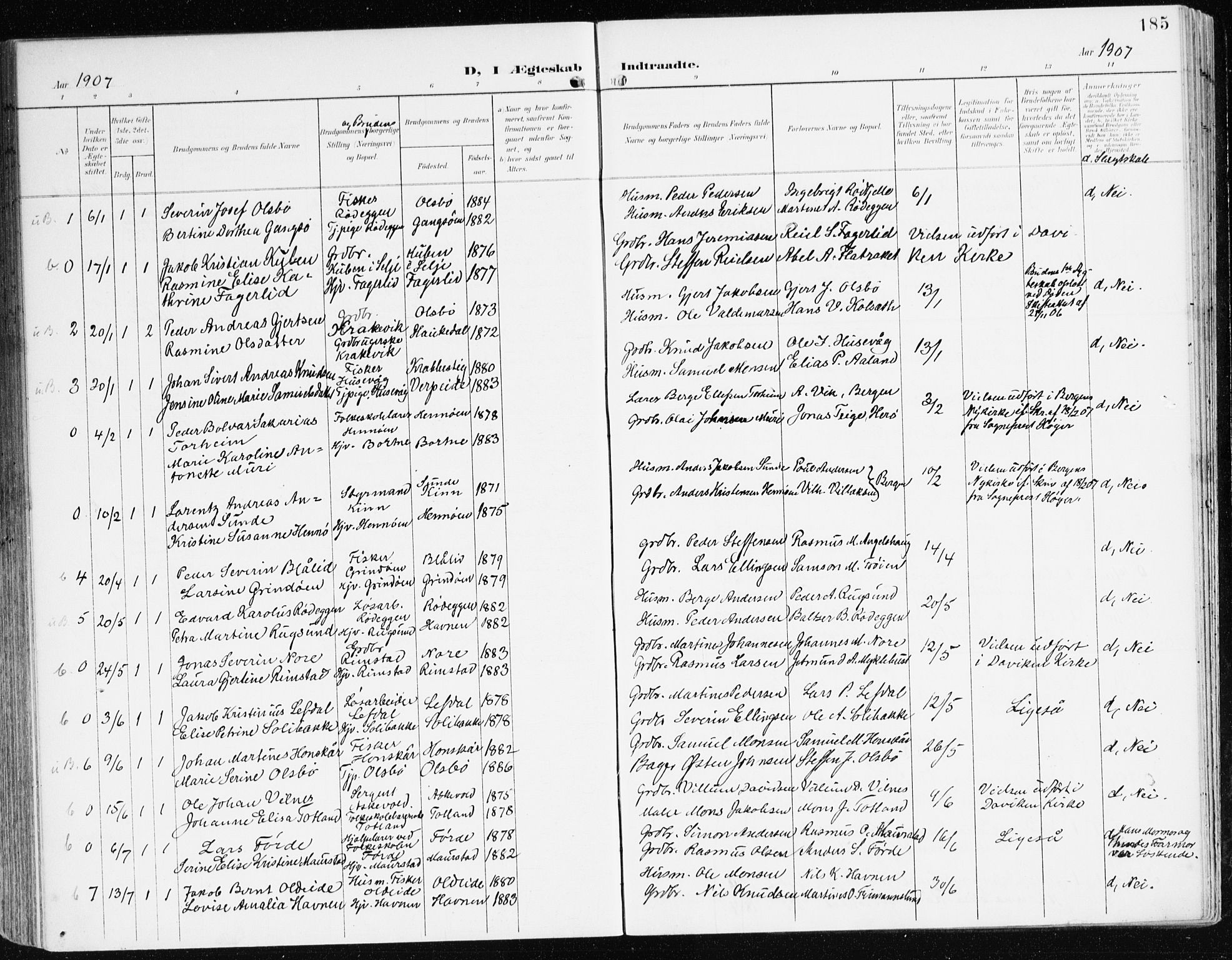 Davik sokneprestembete, AV/SAB-A-79701/H/Haa/Haad/L0002: Parish register (official) no. D 2, 1901-1930, p. 185