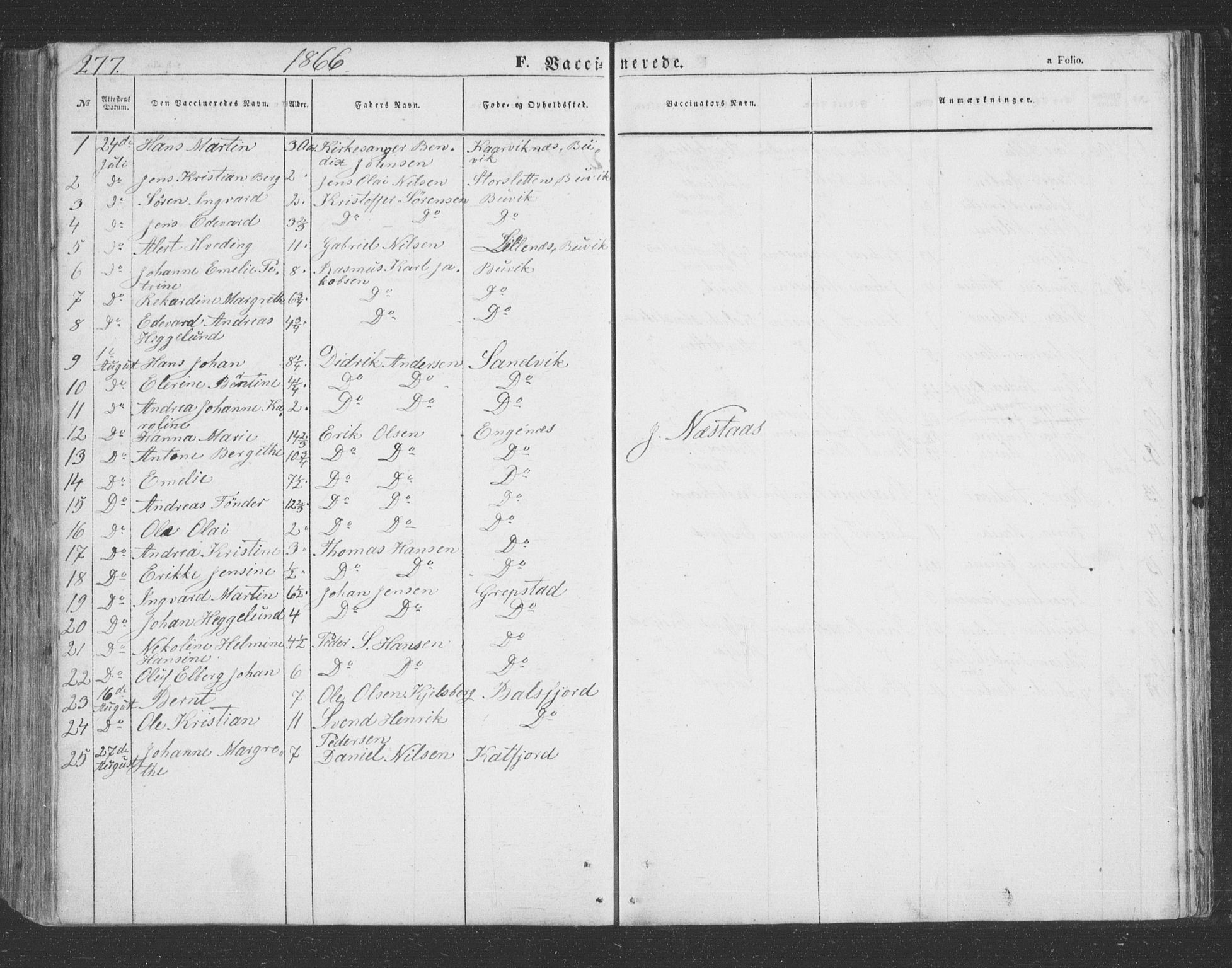 Lenvik sokneprestembete, SATØ/S-1310/H/Ha/Hab/L0020klokker: Parish register (copy) no. 20, 1855-1883, p. 277