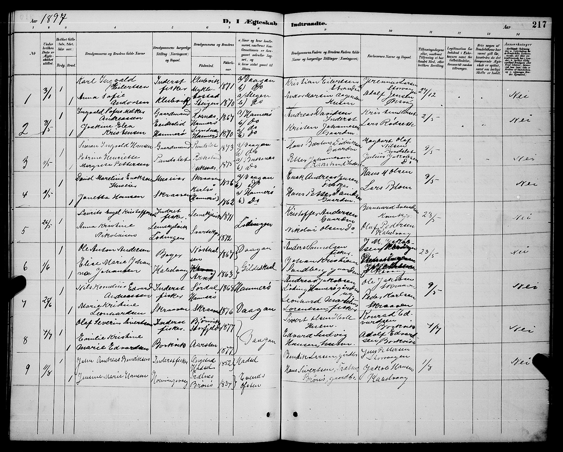 Ministerialprotokoller, klokkerbøker og fødselsregistre - Nordland, AV/SAT-A-1459/874/L1077: Parish register (copy) no. 874C06, 1891-1900, p. 217