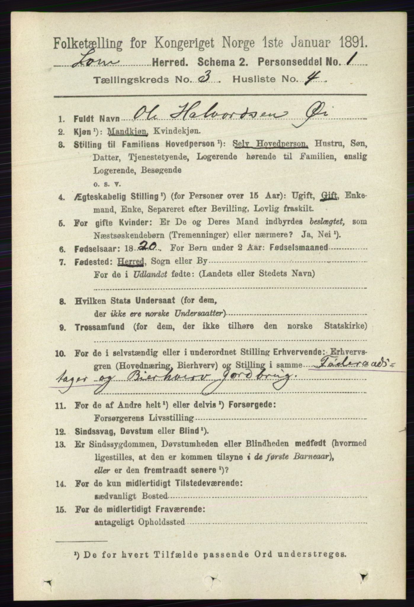 RA, 1891 census for 0514 Lom, 1891, p. 1275