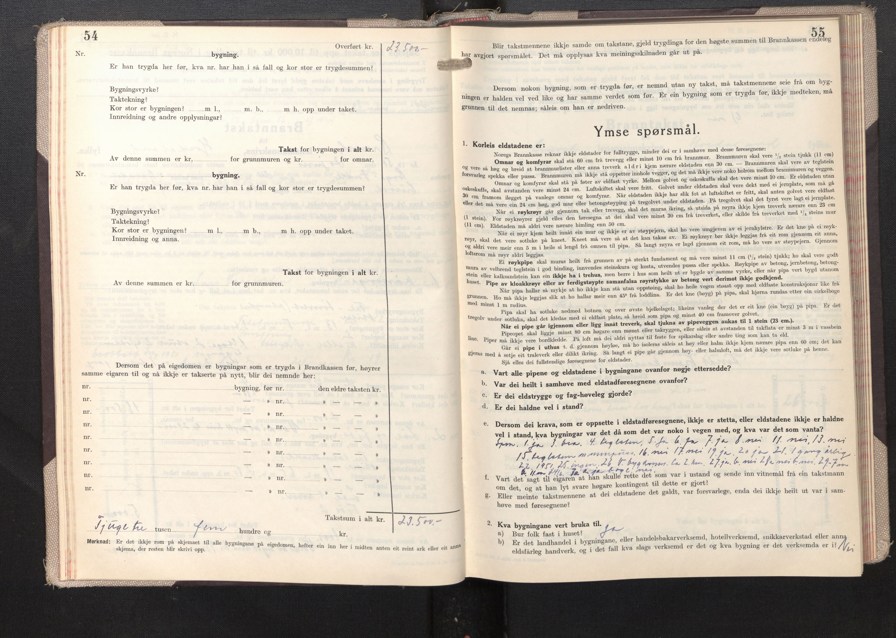 Lensmannen i Bruvik, AV/SAB-A-31301/0012/L0012: Branntakstprotokoll, skjematakst, 1949-1955, p. 54-55