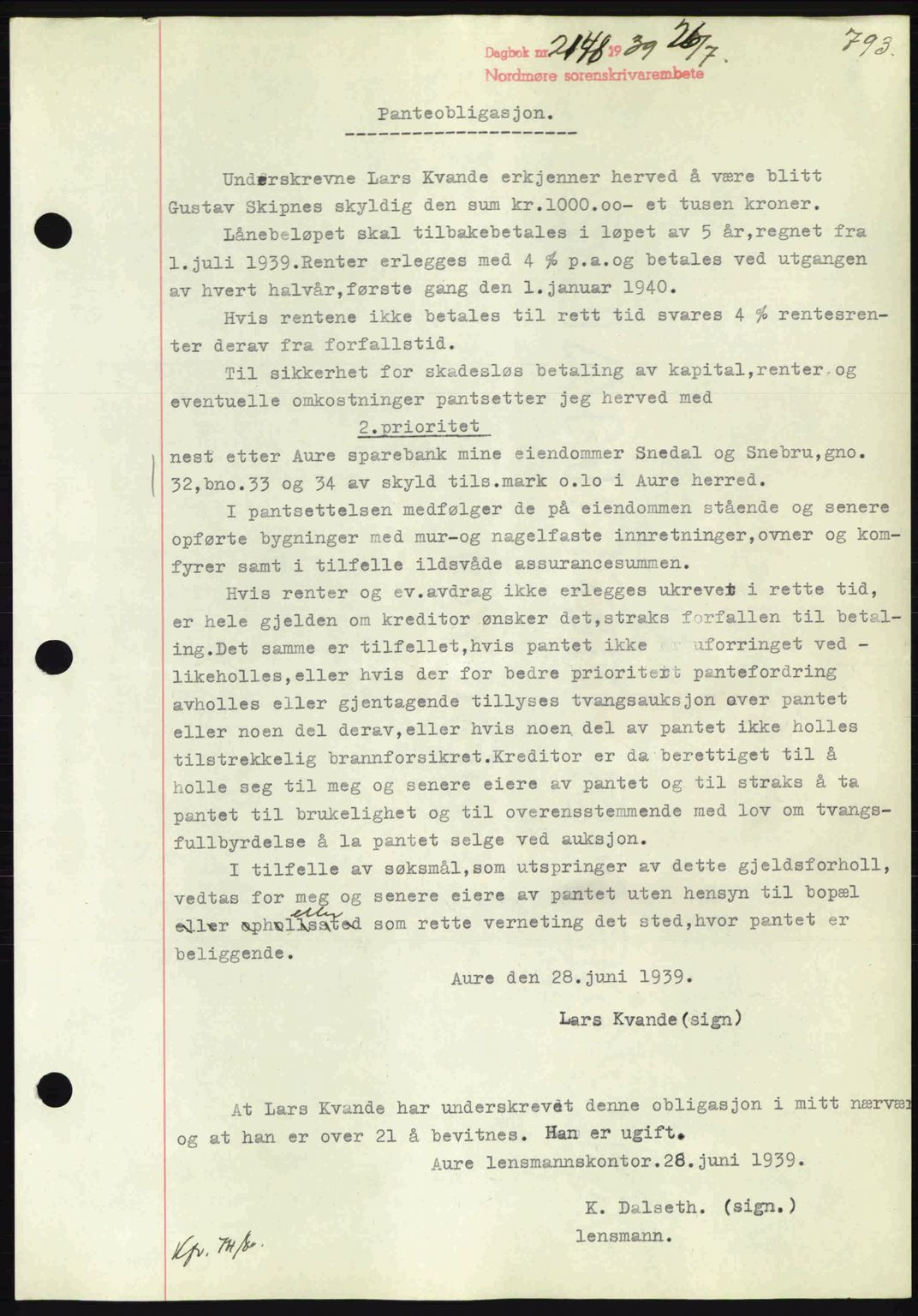 Nordmøre sorenskriveri, AV/SAT-A-4132/1/2/2Ca: Mortgage book no. B85, 1939-1939, Diary no: : 2148/1939