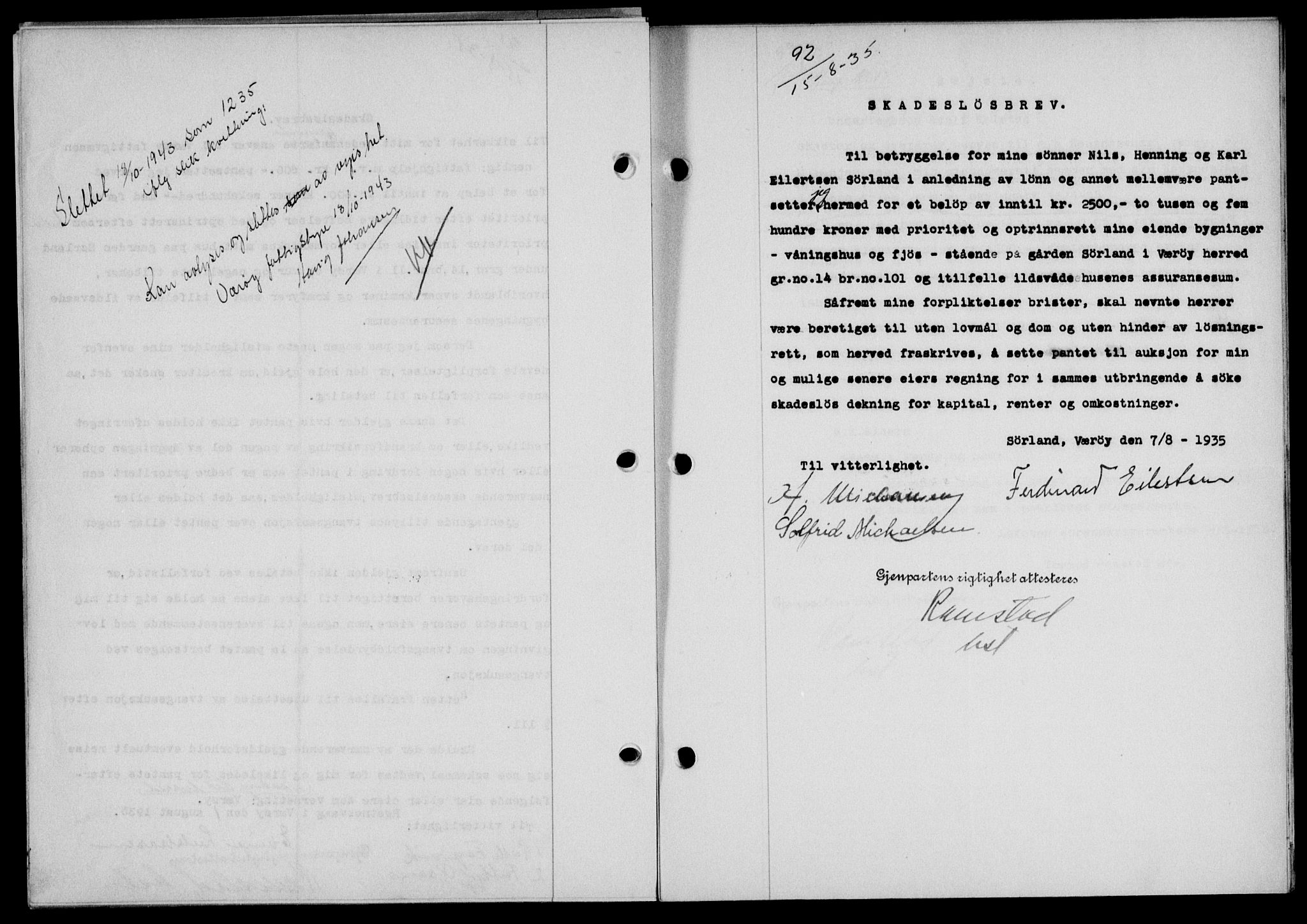 Lofoten sorenskriveri, AV/SAT-A-0017/1/2/2C/L0032b: Mortgage book no. 32b, 1935-1935, Deed date: 15.08.1935