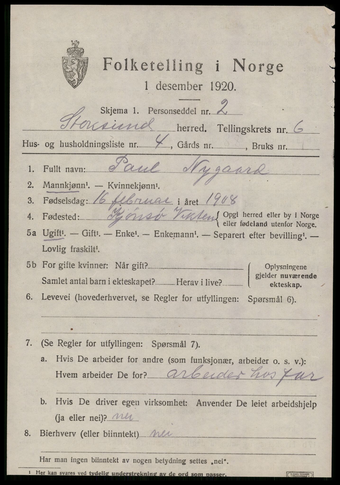 SAT, 1920 census for Stoksund, 1920, p. 3434