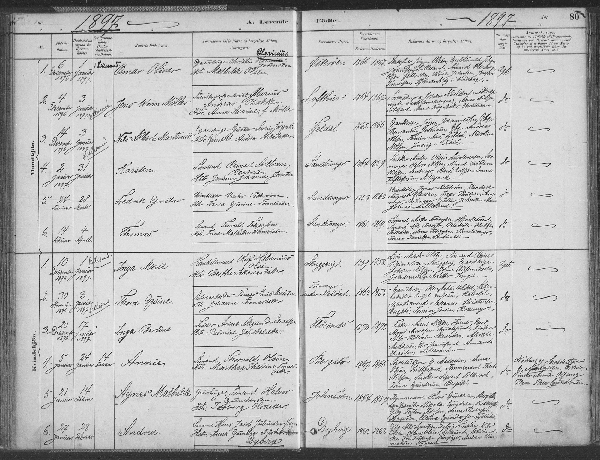 Vestre Moland sokneprestkontor, SAK/1111-0046/F/Fa/Fab/L0009: Parish register (official) no. A 9, 1884-1899, p. 80