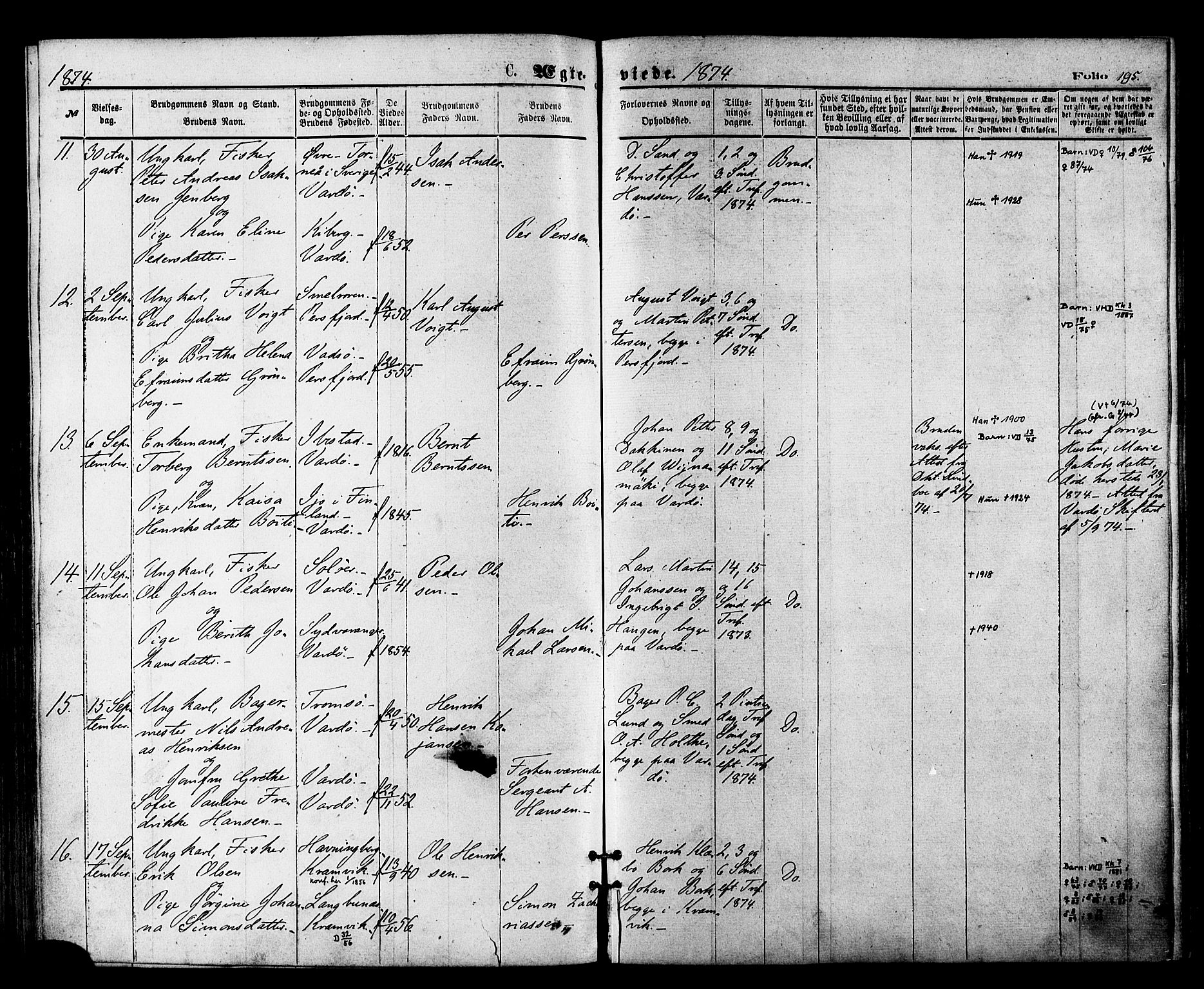 Vardø sokneprestkontor, AV/SATØ-S-1332/H/Ha/L0005kirke: Parish register (official) no. 5, 1872-1878, p. 195