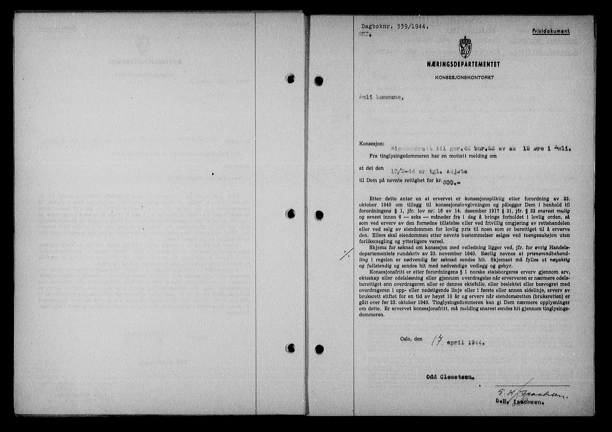 Nedenes sorenskriveri, SAK/1221-0006/G/Gb/Gba/L0051: Mortgage book no. A-V, 1943-1944, Diary no: : 339/1944