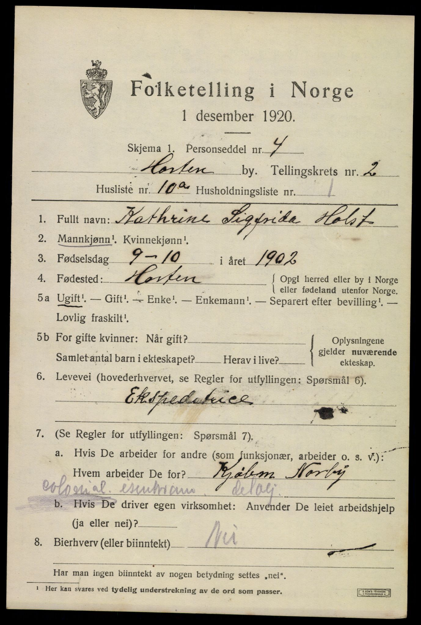 SAKO, 1920 census for Horten, 1920, p. 10319