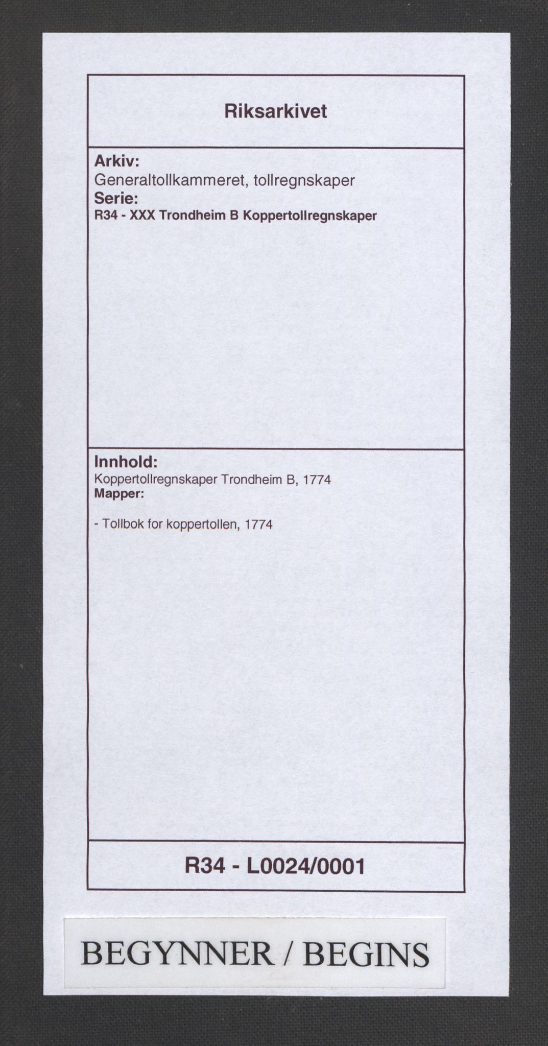 Generaltollkammeret, tollregnskaper, RA/EA-5490/R34/L0024/0001: Koppertollregnskaper Trondheim B / Tollbok for koppertollen, 1774