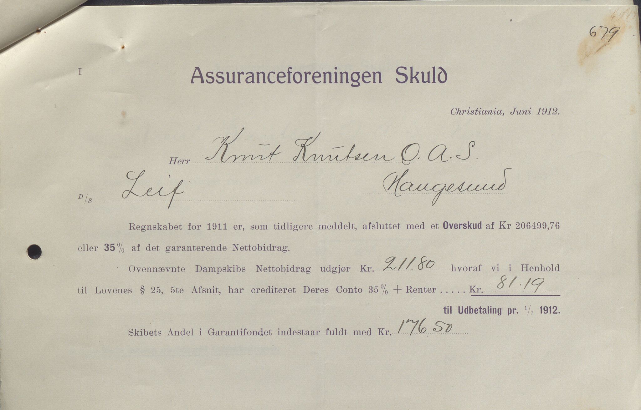 Knut Knutsen O.A.S., HABI/004, 1906-1912