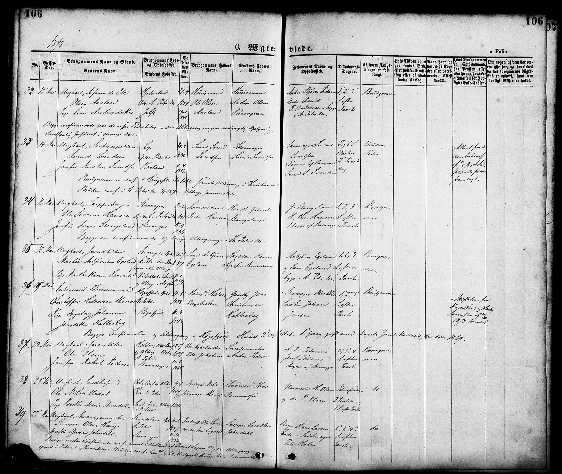 St. Petri sokneprestkontor, AV/SAST-A-101813/001/30/30BA/L0010: Parish register (official) no. A 10, 1869-1878, p. 106