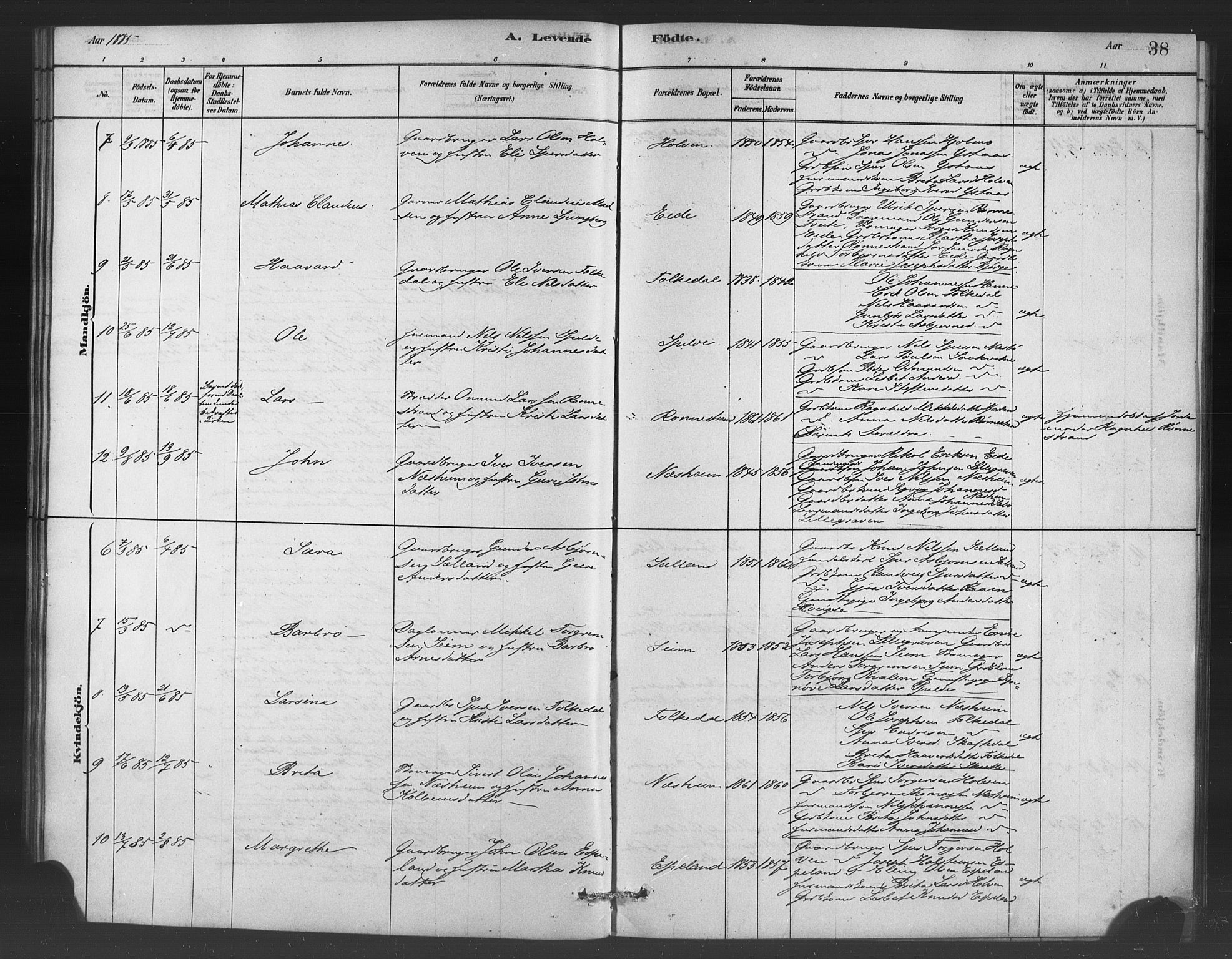 Ulvik sokneprestembete, SAB/A-78801/H/Haa: Parish register (official) no. C 1, 1878-1903, p. 38