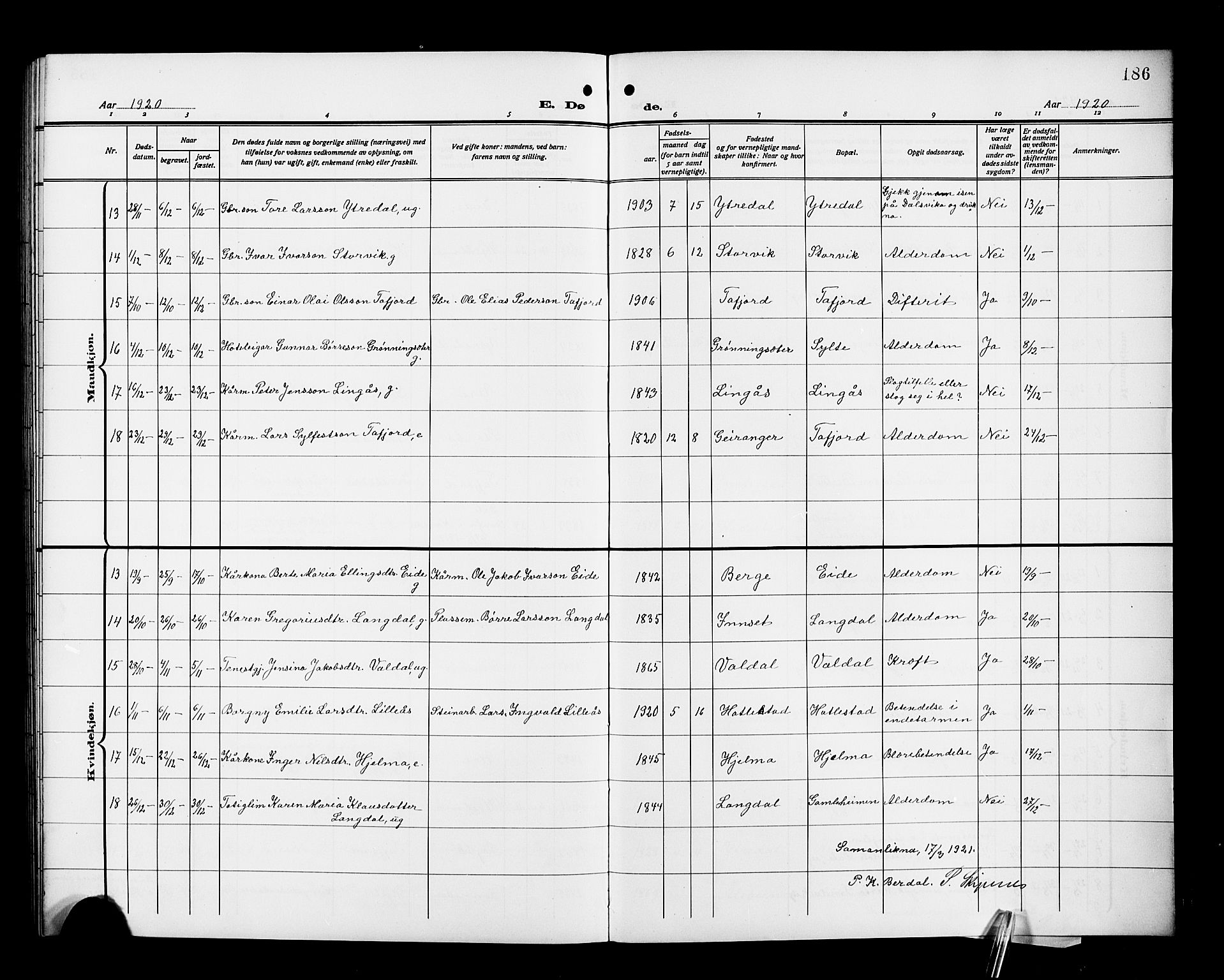 Ministerialprotokoller, klokkerbøker og fødselsregistre - Møre og Romsdal, AV/SAT-A-1454/519/L0265: Parish register (copy) no. 519C06, 1911-1921, p. 186