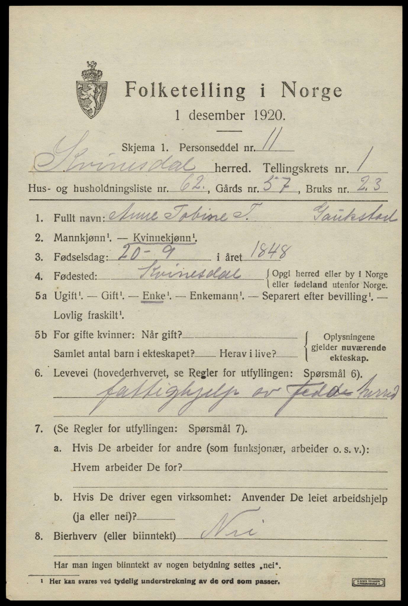 SAK, 1920 census for Kvinesdal, 1920, p. 1827