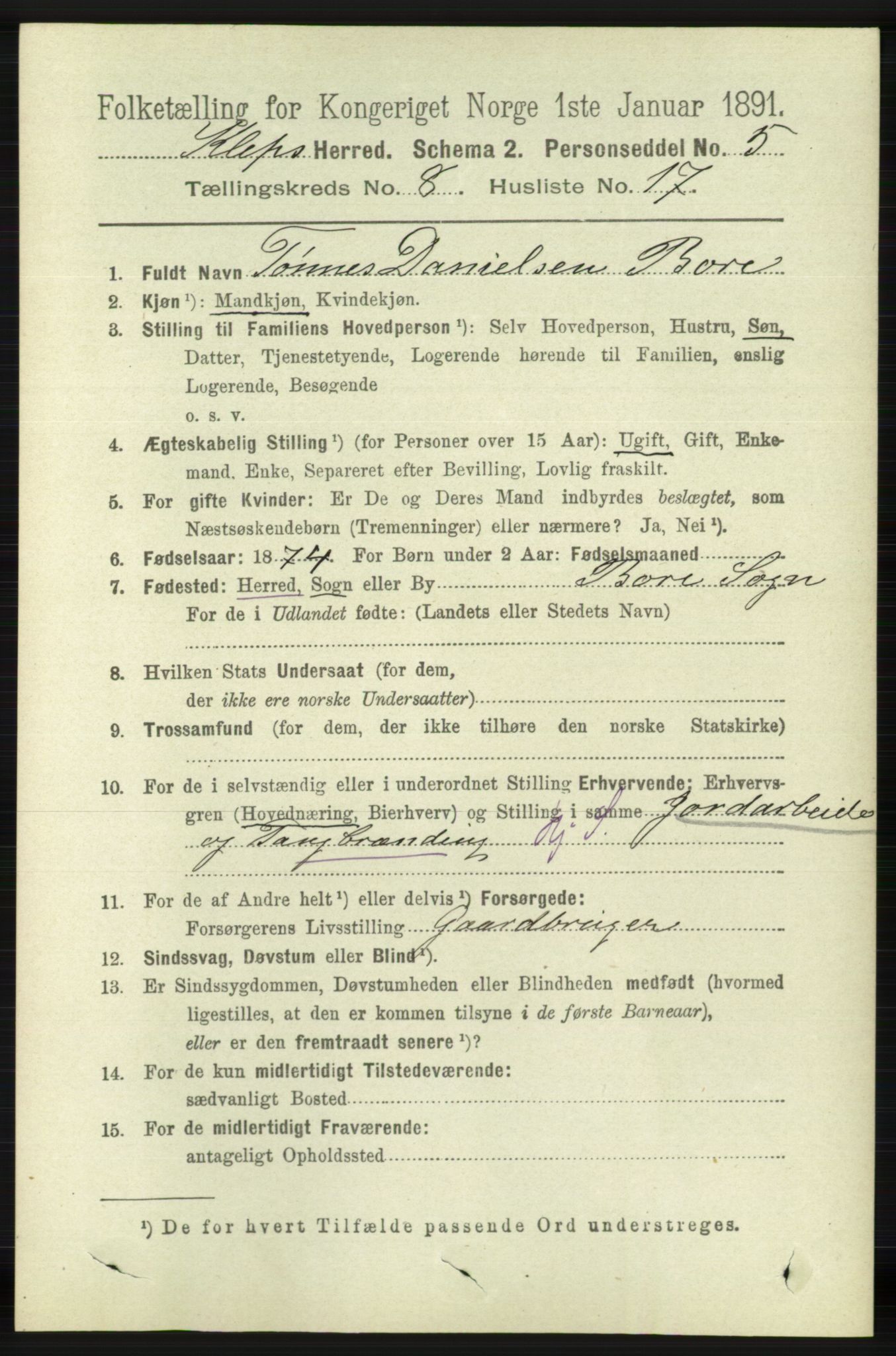 RA, 1891 census for 1120 Klepp, 1891, p. 2623