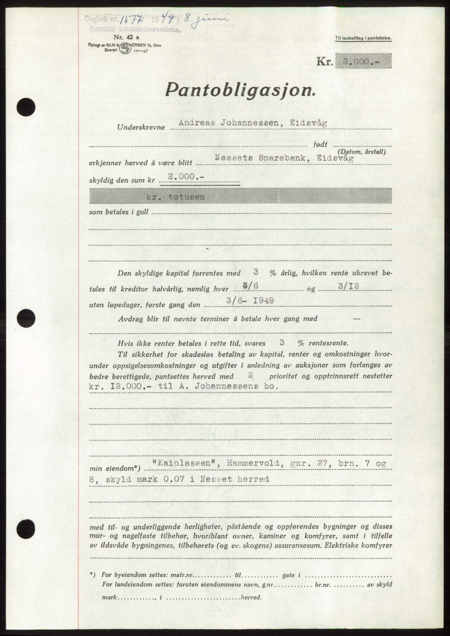 Romsdal sorenskriveri, AV/SAT-A-4149/1/2/2C: Mortgage book no. B4, 1948-1949, Diary no: : 1577/1949