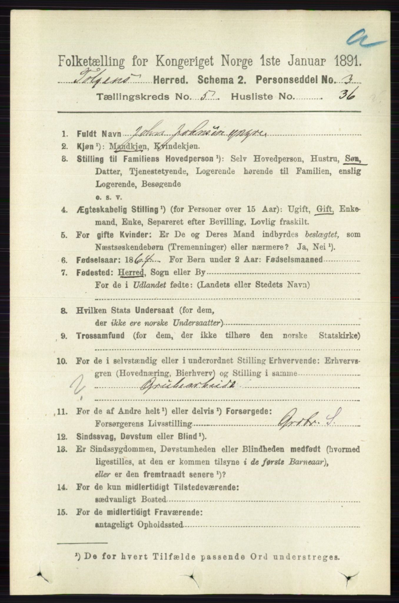 RA, 1891 census for 0436 Tolga, 1891, p. 1524