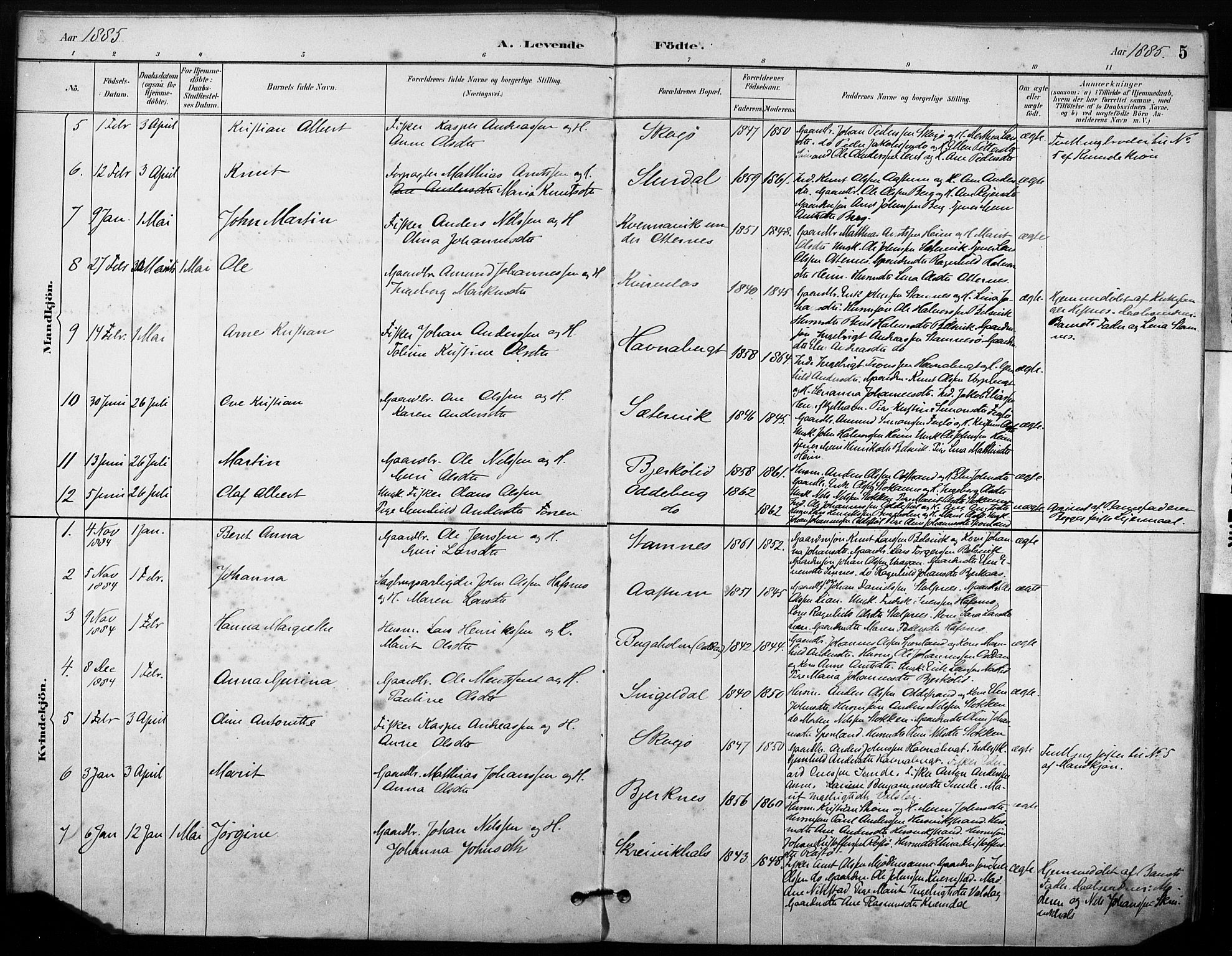 Ministerialprotokoller, klokkerbøker og fødselsregistre - Sør-Trøndelag, SAT/A-1456/633/L0518: Parish register (official) no. 633A01, 1884-1906, p. 5