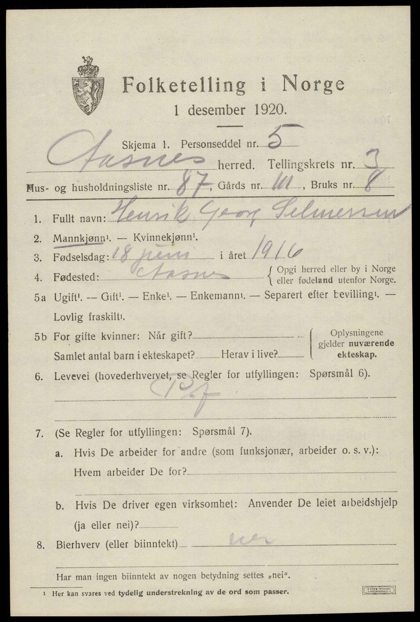 SAH, 1920 census for Åsnes, 1920, p. 4768