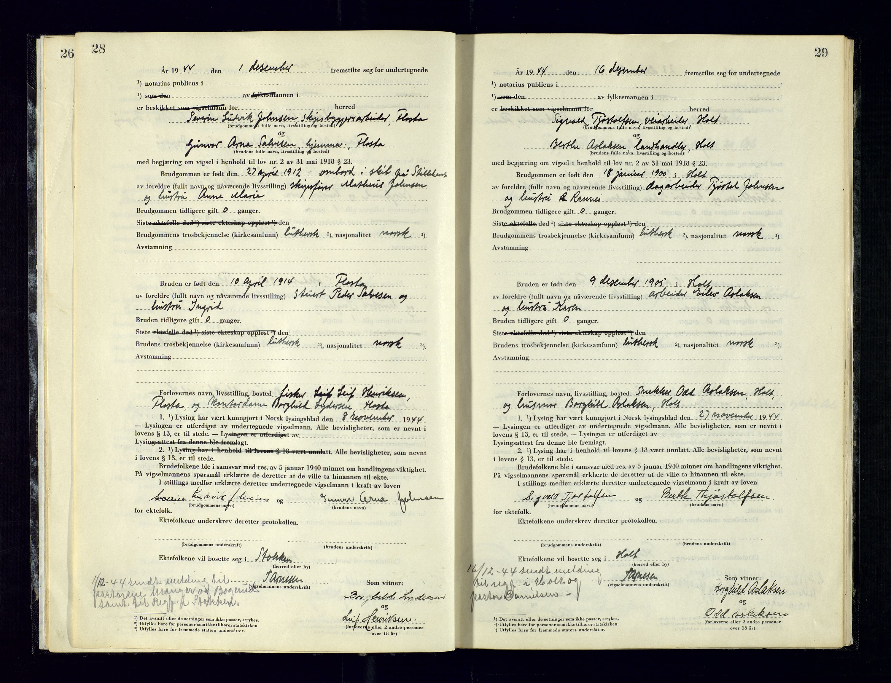 Holt sorenskriveri, AV/SAK-1221-0002/L/Ld/L0003: Vigselbok nr. 2, 1944-1964, p. 28-29