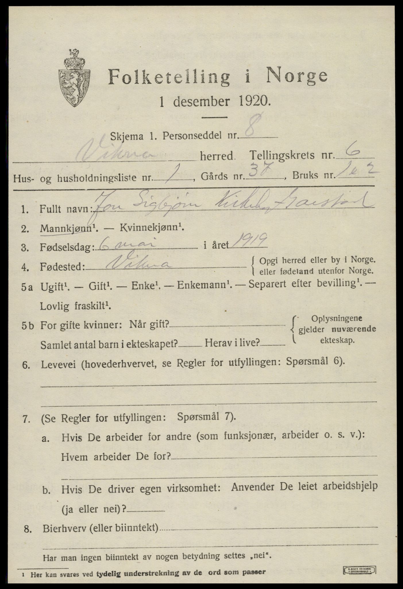 SAT, 1920 census for Vikna, 1920, p. 5011