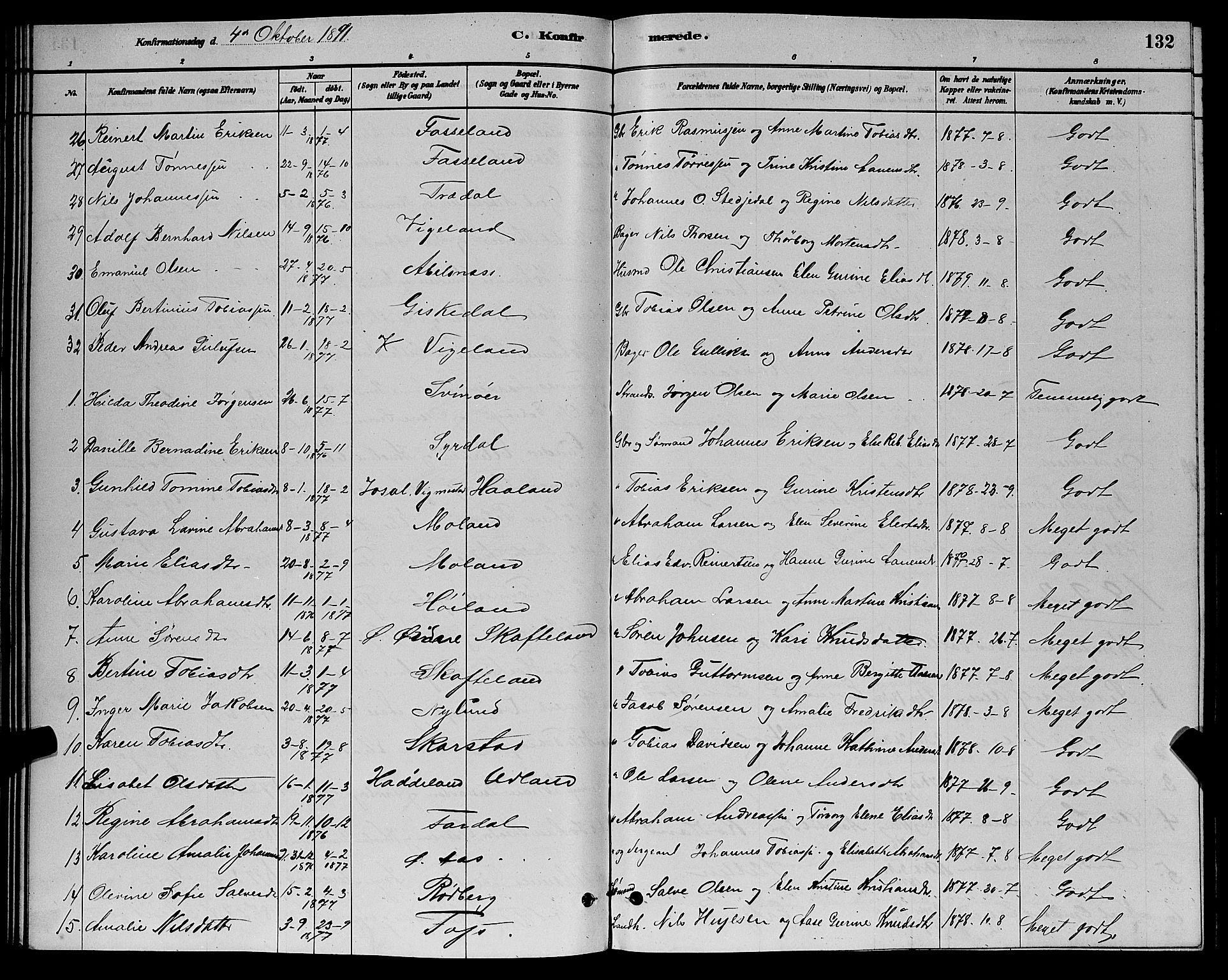 Sør-Audnedal sokneprestkontor, AV/SAK-1111-0039/F/Fb/Fbb/L0005: Parish register (copy) no. B 5, 1880-1892, p. 132