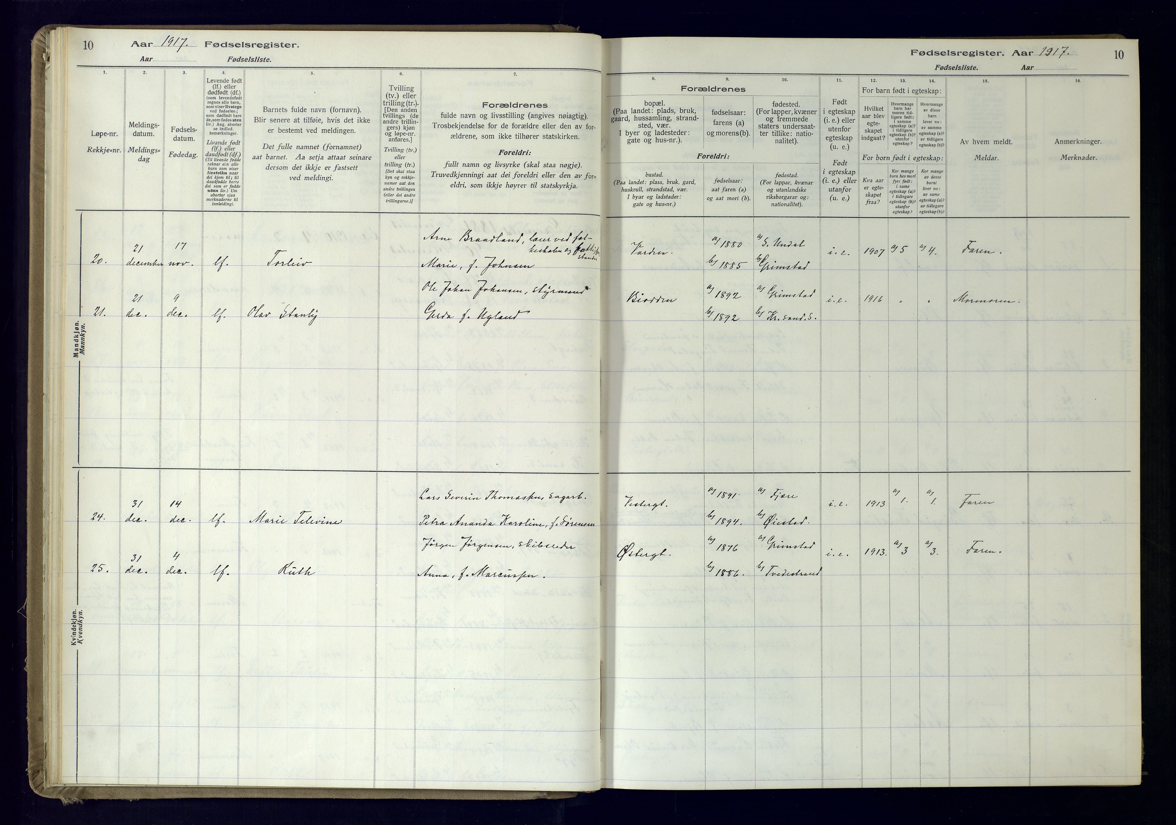 Grimstad sokneprestkontor, AV/SAK-1111-0017/J/Ja/L0001: Birth register no. 1, 1916-1960, p. 10