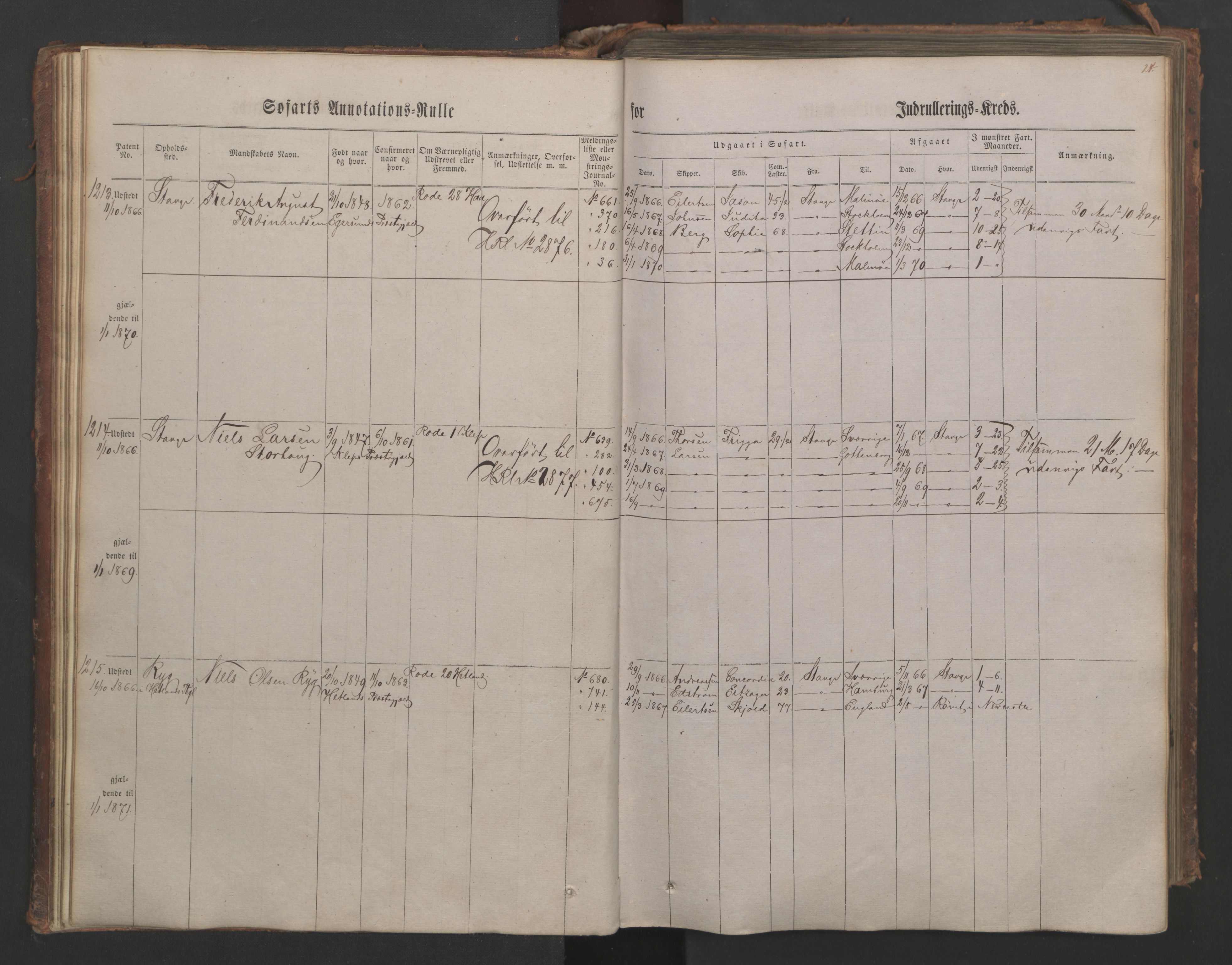 Stavanger sjømannskontor, AV/SAST-A-102006/F/Ff/L0003: Annotasjonsrulle, patentnr. 1144-1761, 1866, p. 32