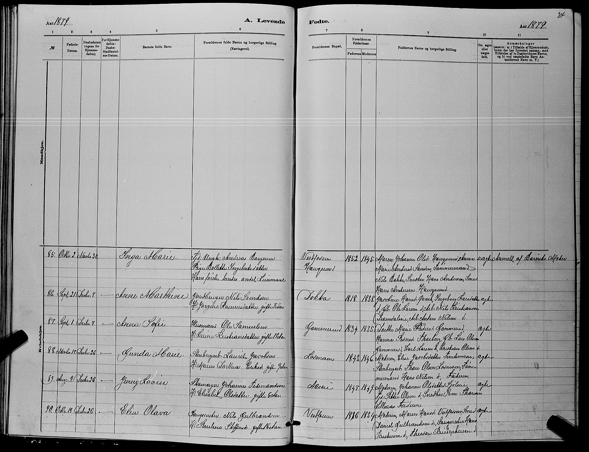 Eiker kirkebøker, AV/SAKO-A-4/G/Ga/L0005: Parish register (copy) no. I 5, 1878-1887, p. 34