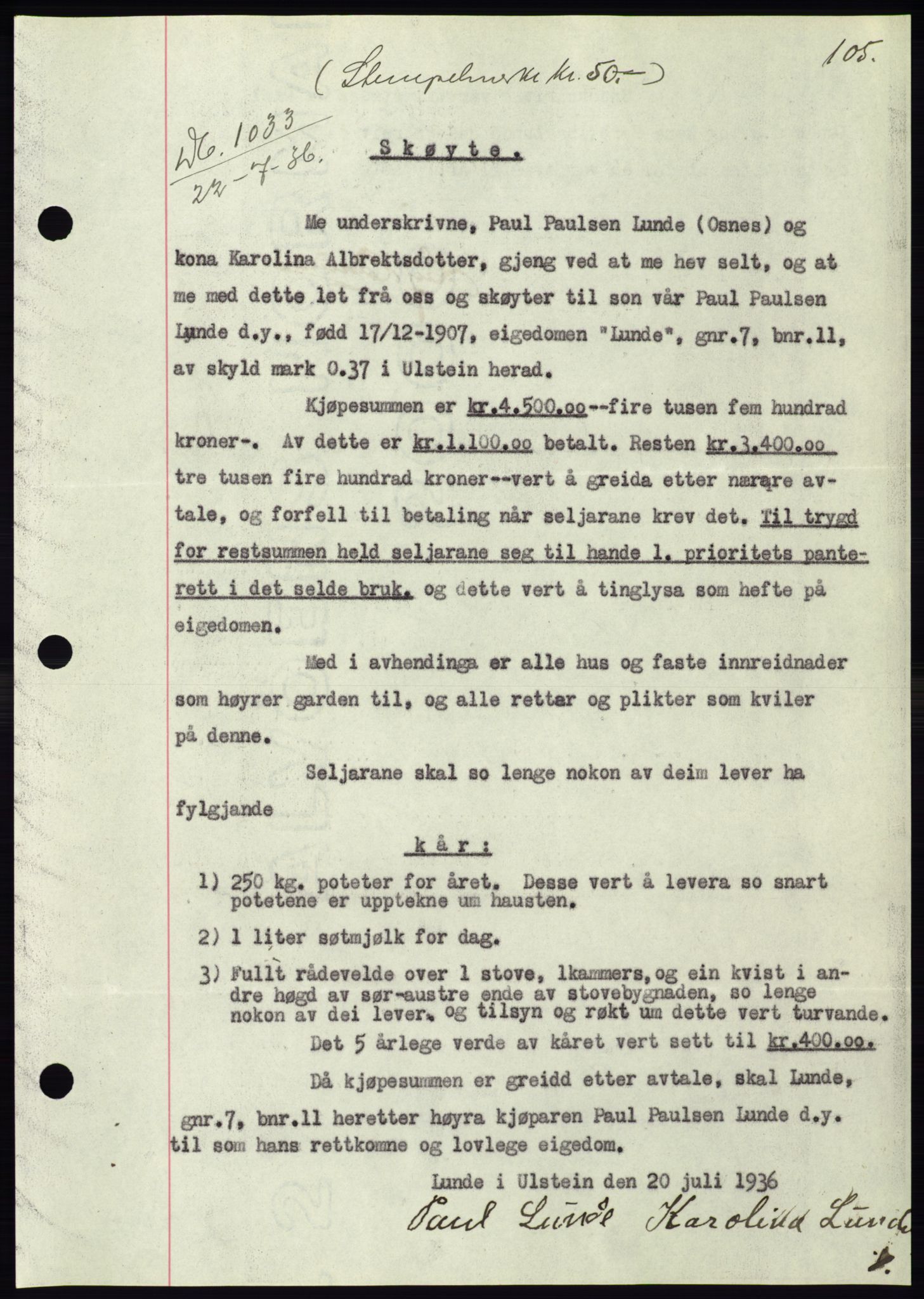 Søre Sunnmøre sorenskriveri, AV/SAT-A-4122/1/2/2C/L0061: Mortgage book no. 55, 1936-1936, Diary no: : 1033/1936