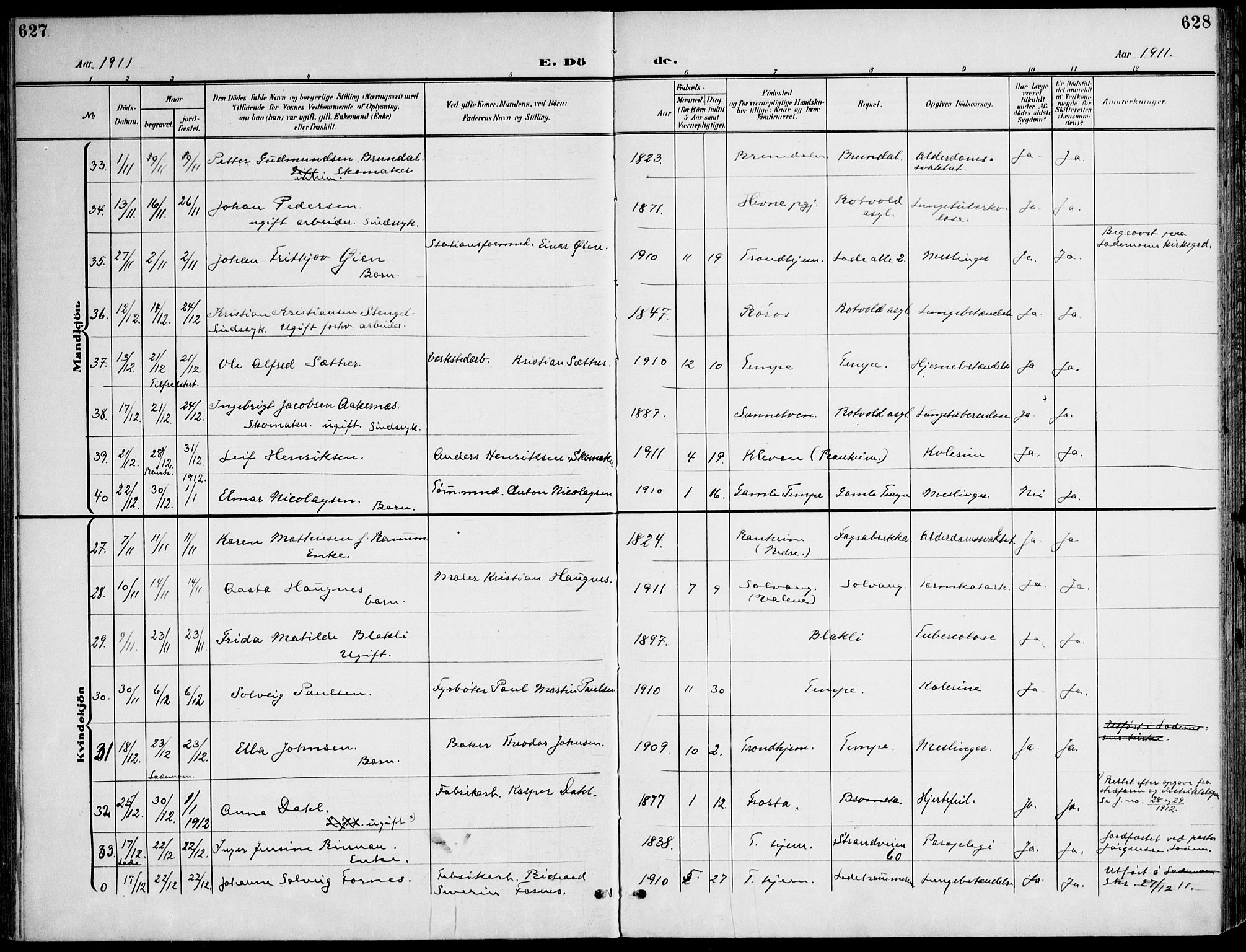 Ministerialprotokoller, klokkerbøker og fødselsregistre - Sør-Trøndelag, AV/SAT-A-1456/607/L0320: Parish register (official) no. 607A04, 1907-1915, p. 627-628